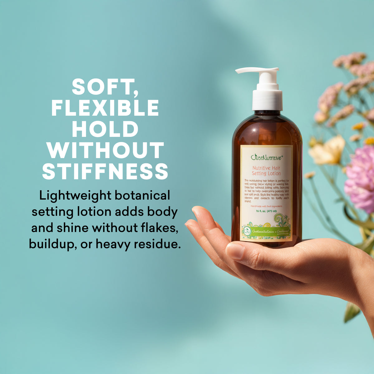 Hand holding a bottle of setting lotion with text about its properties on a light blue background.