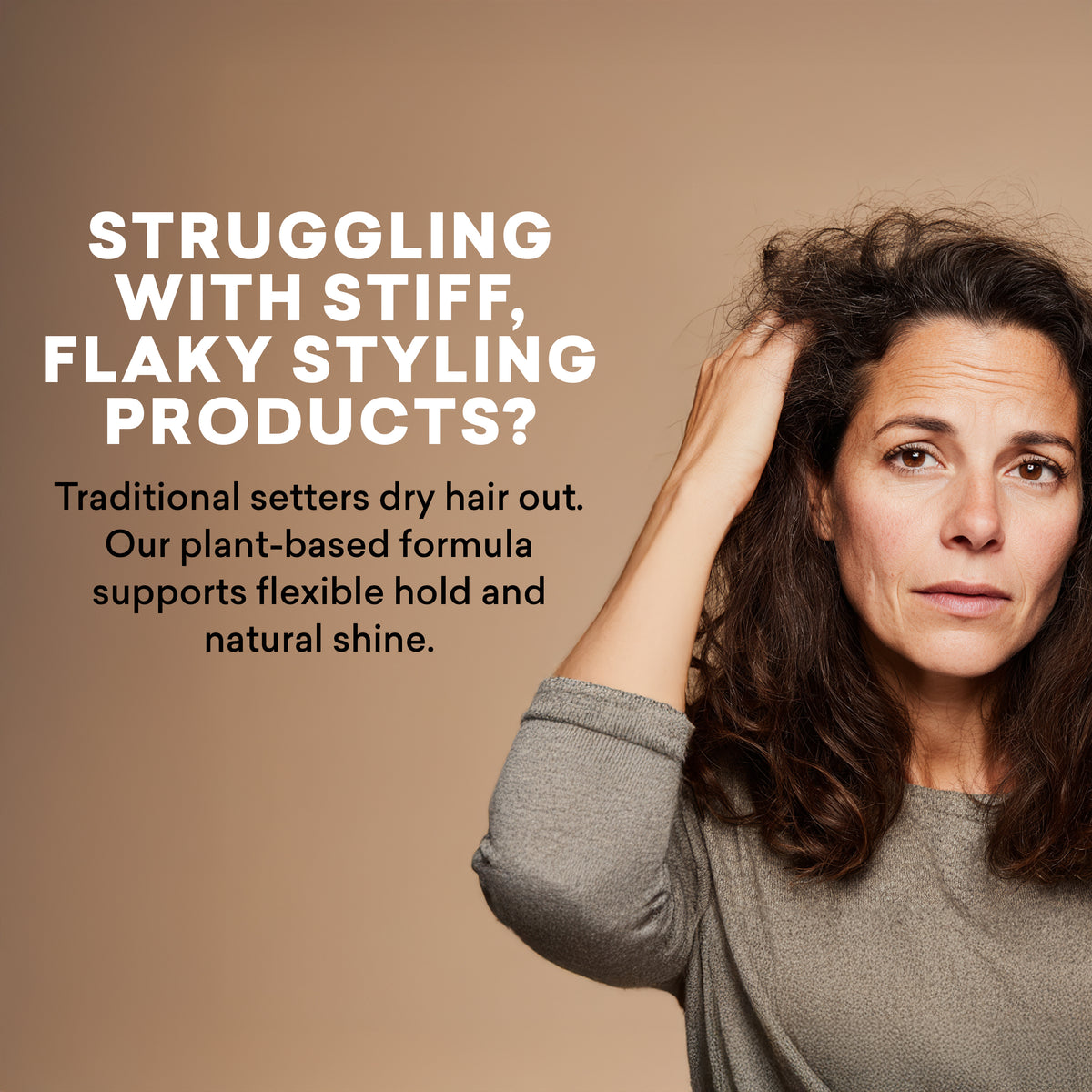 Woman with styled hair against a brown background with text about hair product benefits.