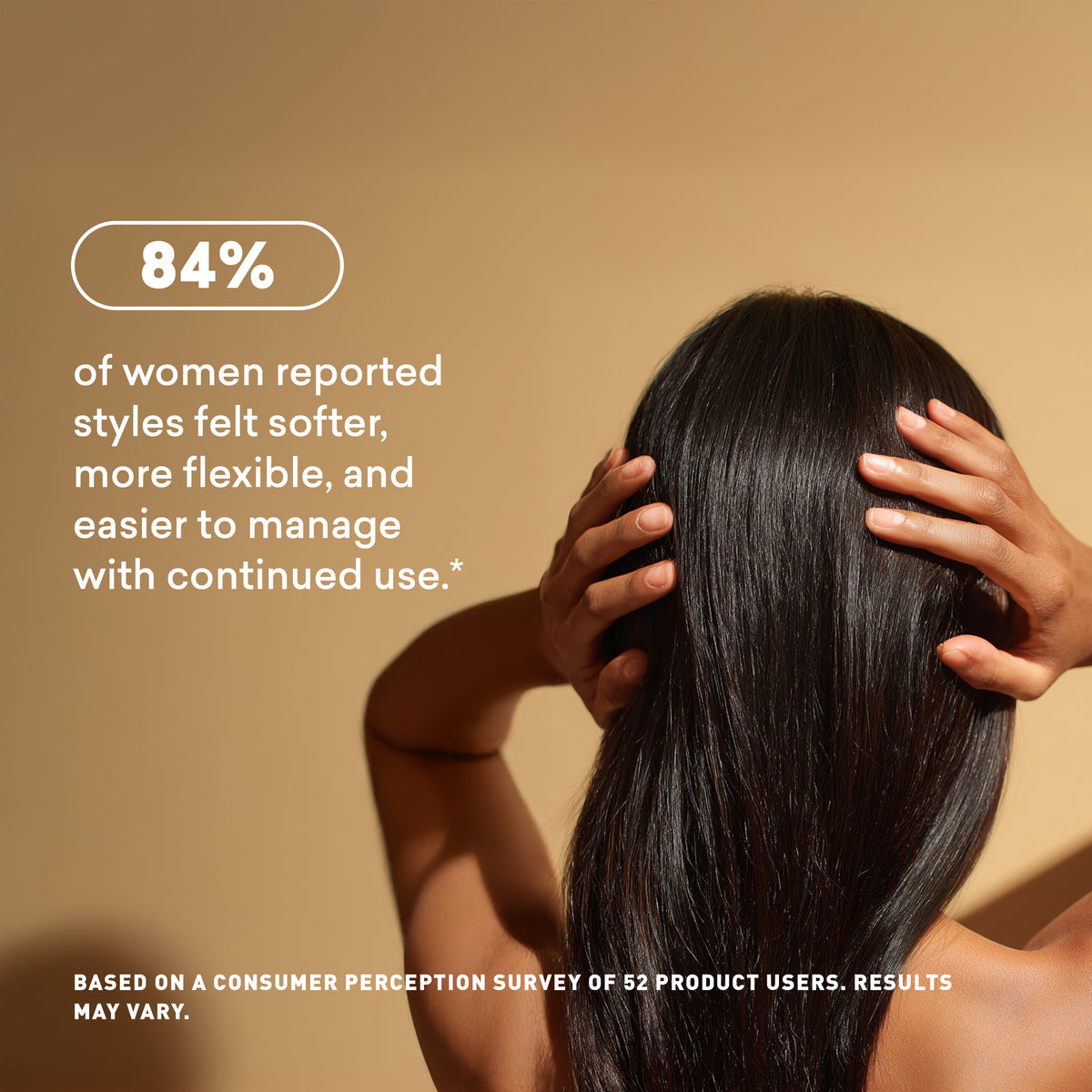 Person with long, straight hair against a beige background with text about hair product effectiveness.