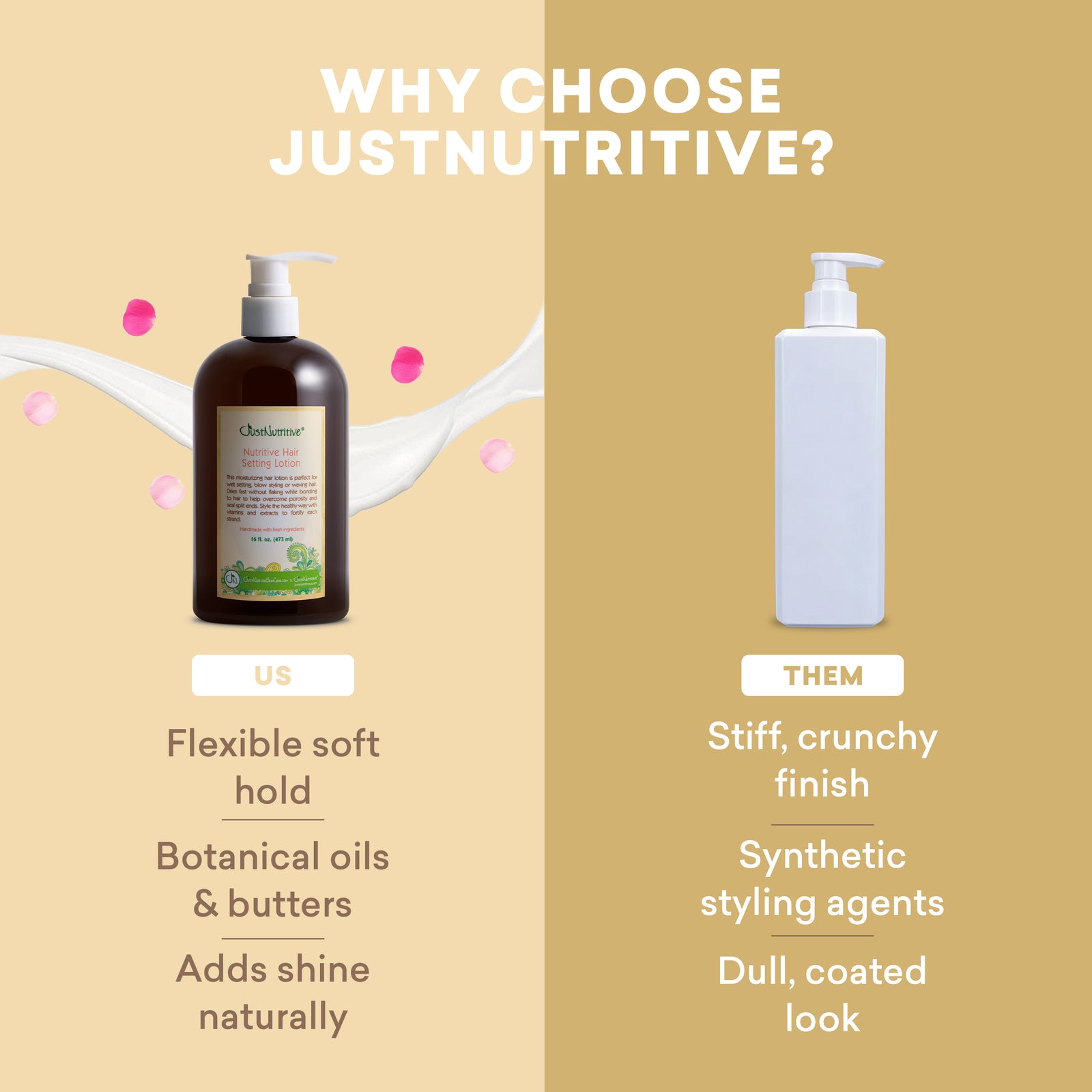 Comparison of JustNutritive hair product with alternatives on a beige background