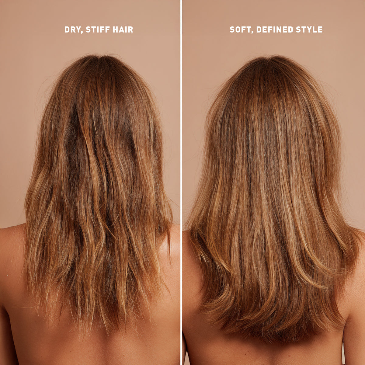 Comparison of dry, stiff hair on the left and soft, defined style on the right against a beige background.
