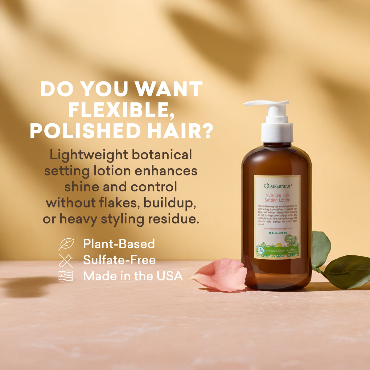 Brown bottle with pump on a beige surface with text about hair care product features.
