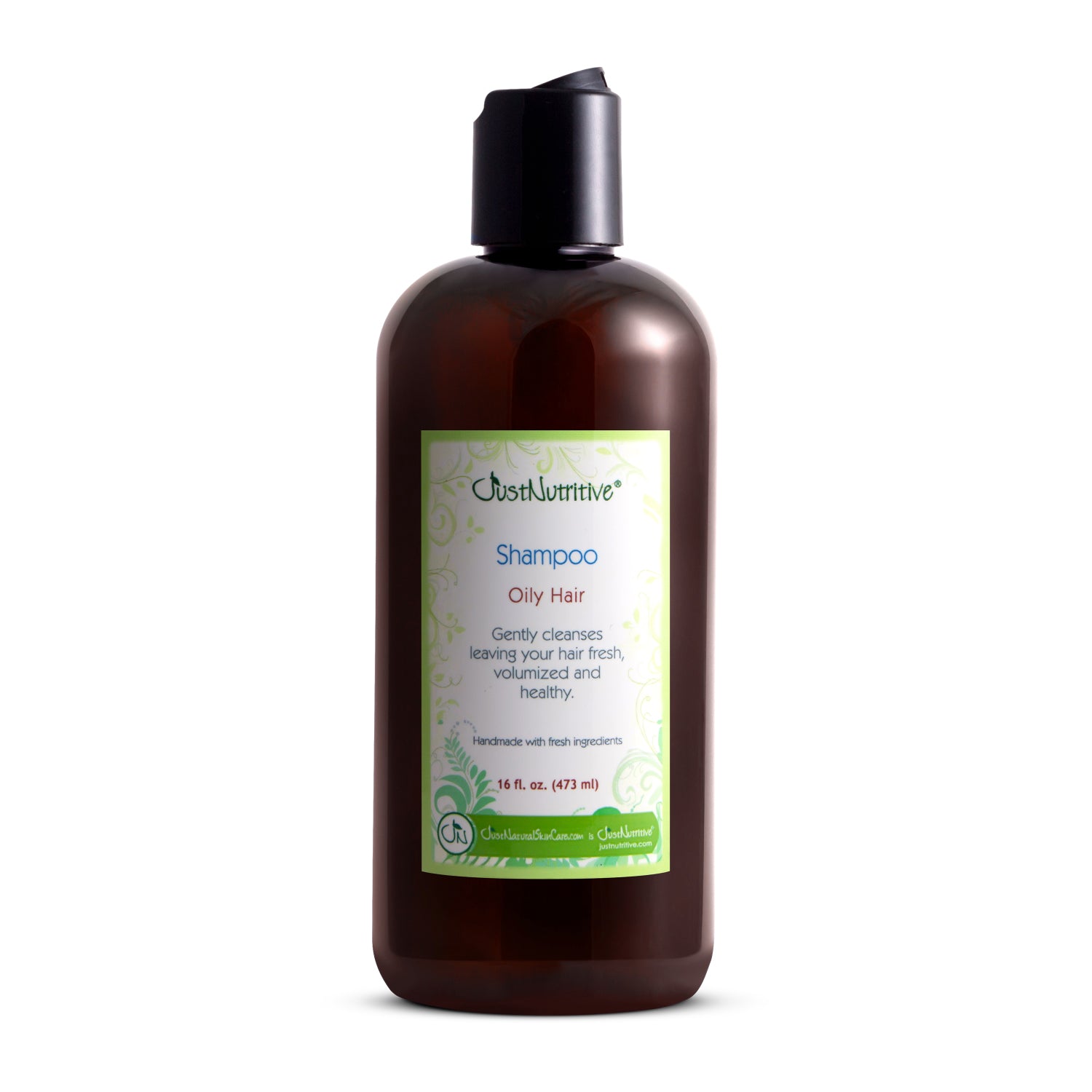 Brown shampoo bottle with a label on a white background