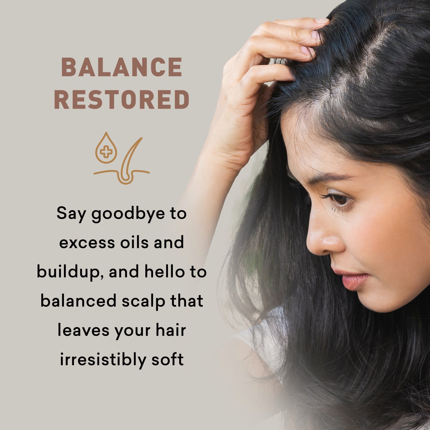 Woman with healthy hair touching her scalp, with text about balanced scalp and soft hair.