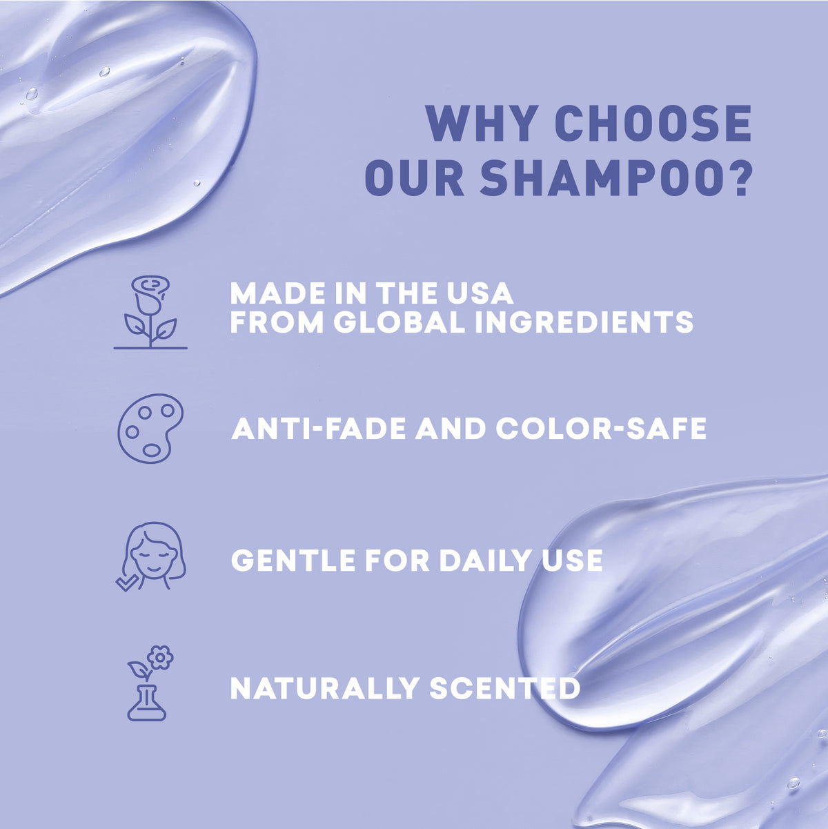 Promotional graphic for a shampoo product with text and icons on a purple background
