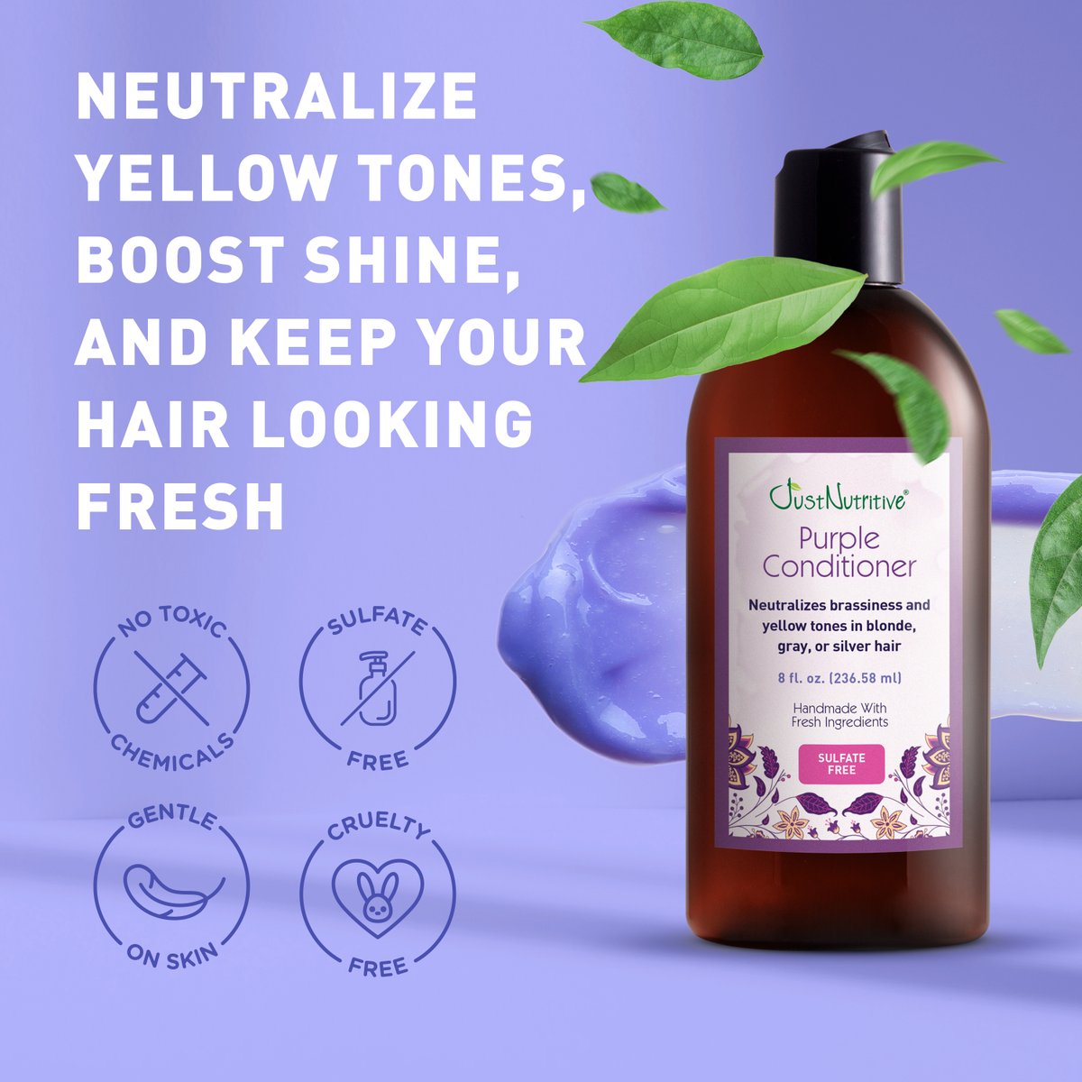 Purple conditioner bottle with green leaves on a purple background, featuring text about hair care benefits.