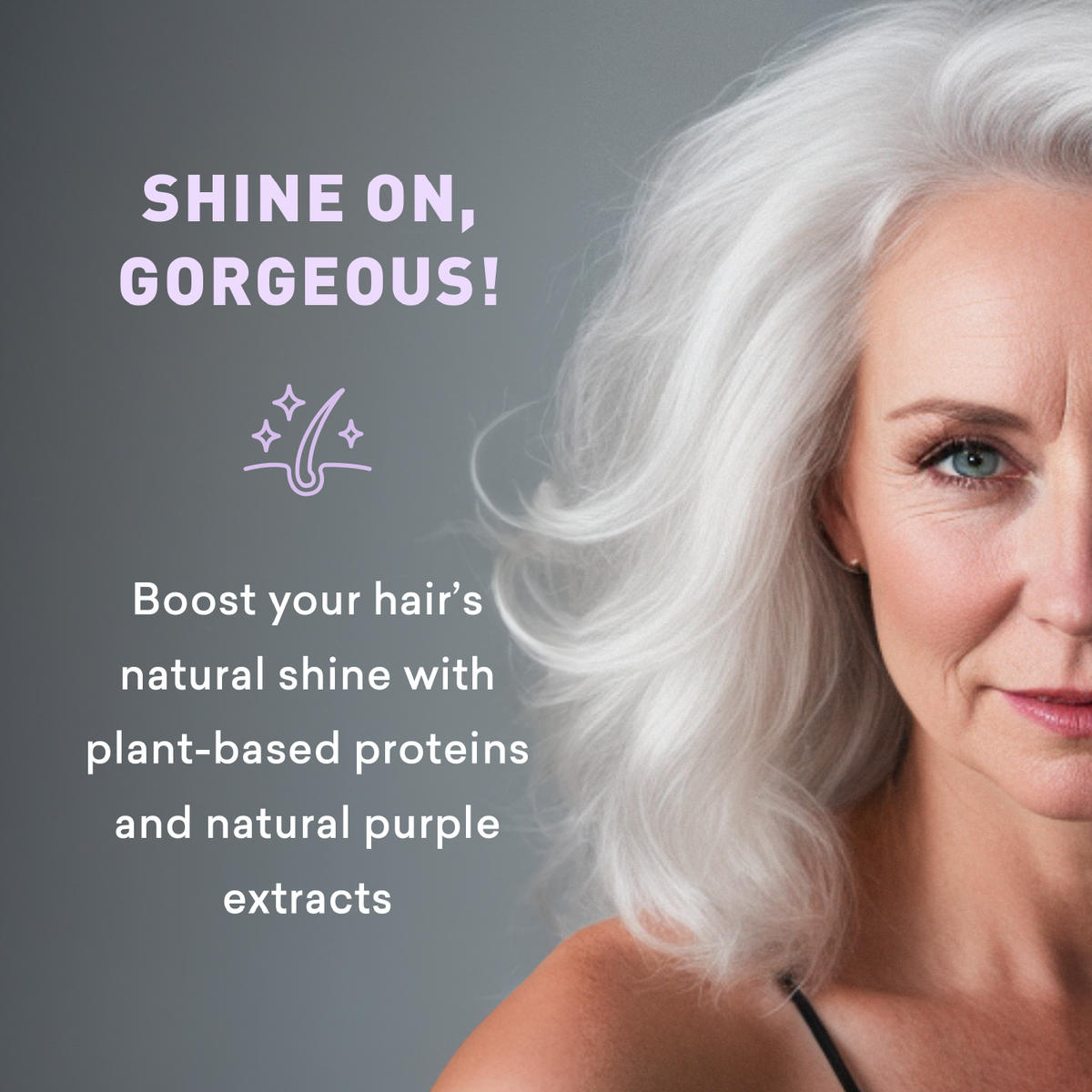 Woman with white hair and text about hair care product on a gray background