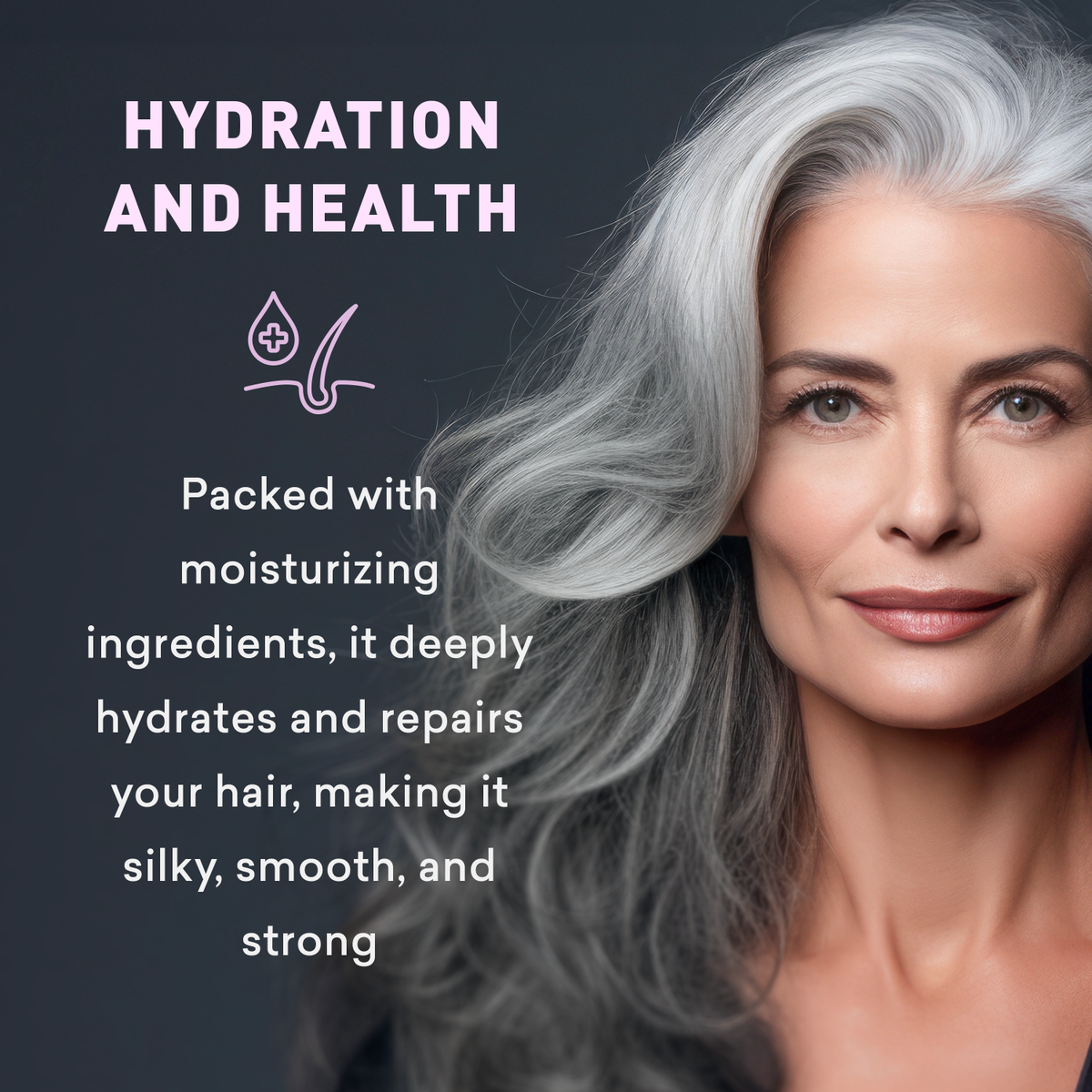 Woman with gray hair and text about hydration and health products on a dark background