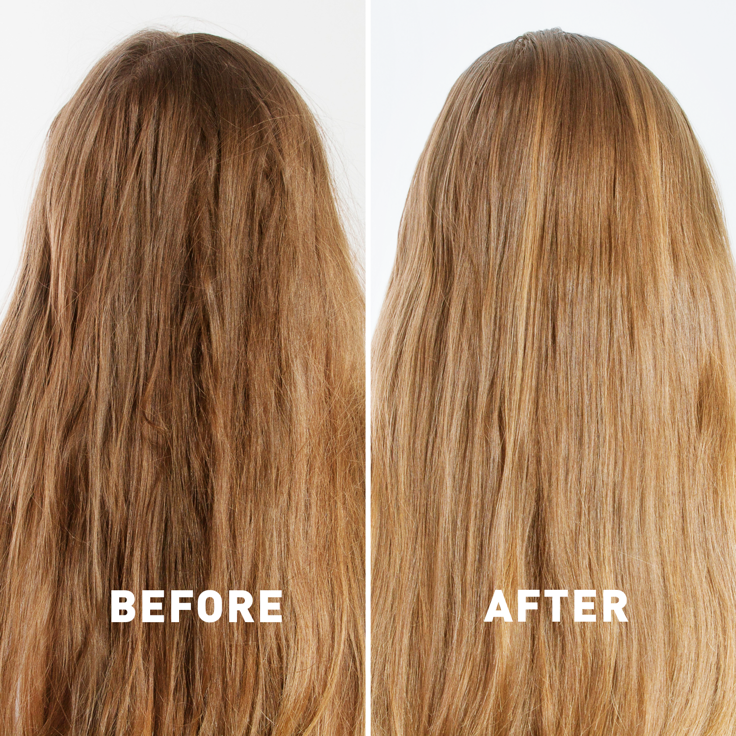 Before and after comparison of hair treatment on a person with long, brown hair.