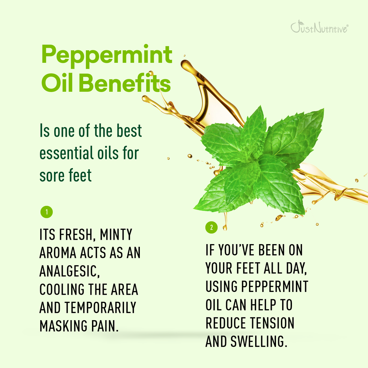 Peppermint oil benefits with a mint leaf on a light green background