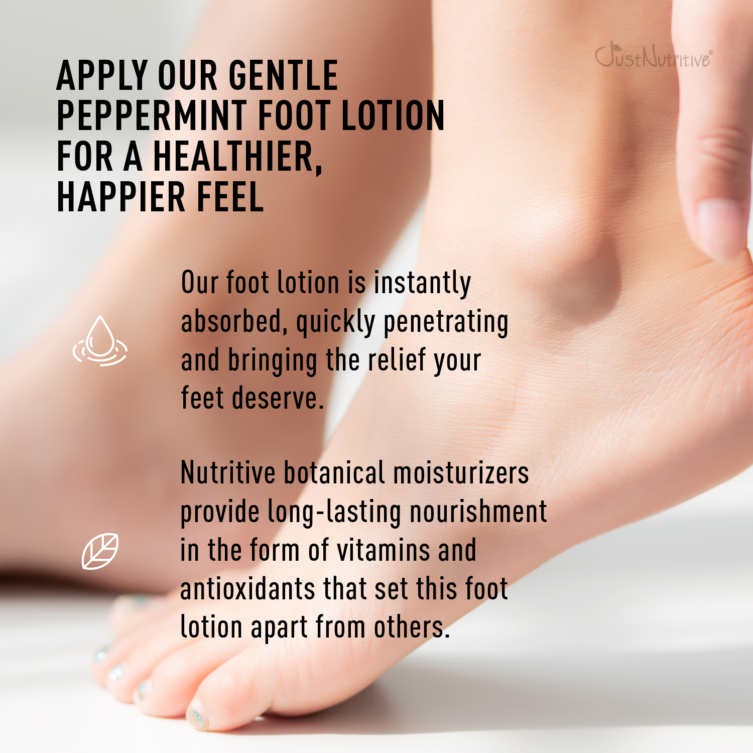 Advertisement for Gentle Peppermint Foot Lotion with text and a foot showing skin care product application.