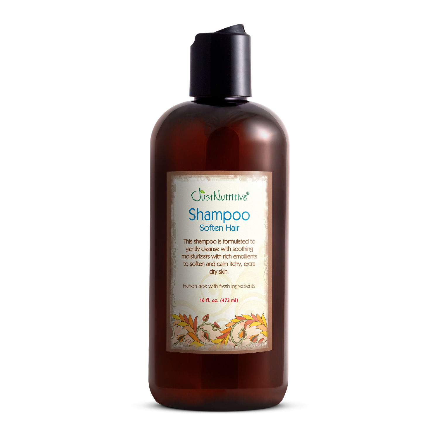 Bottle of shampoo with a label on a white background