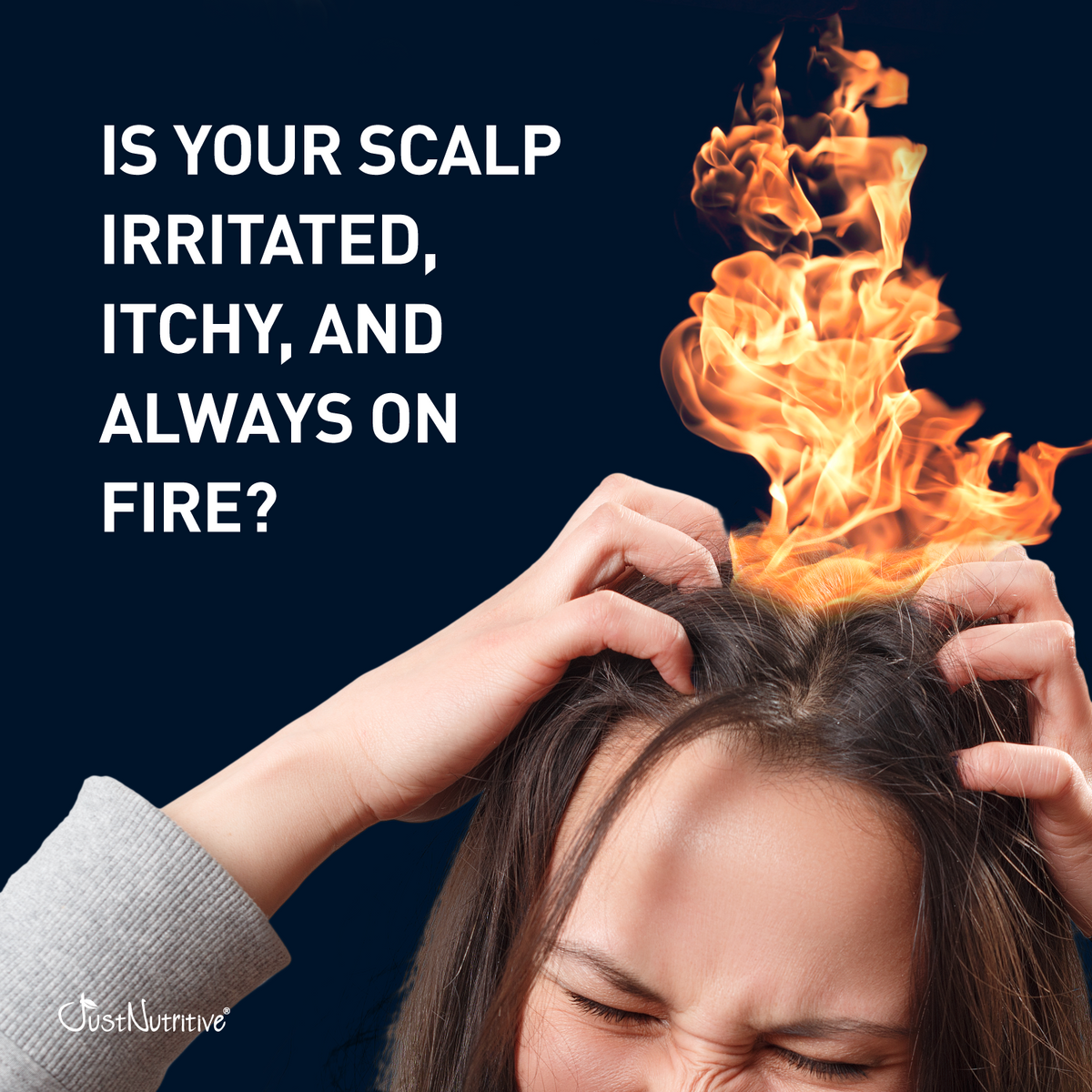 Person with irritated scalp touching head, flames rising, text questioning scalp issues on a dark background.