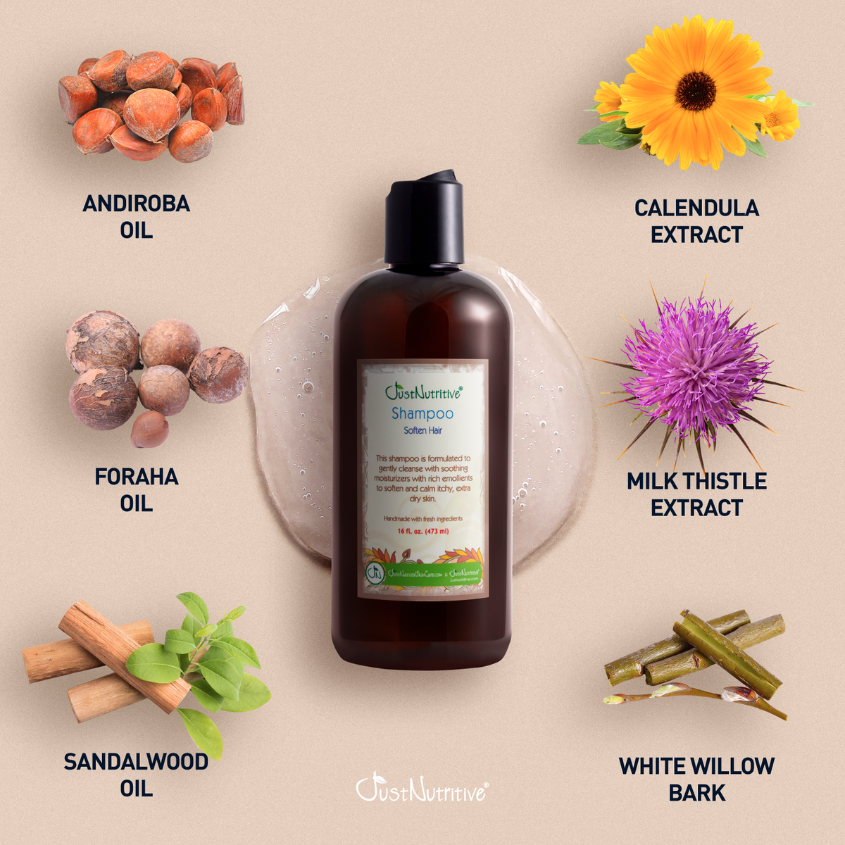 Shampoo bottle with natural ingredients on a beige background