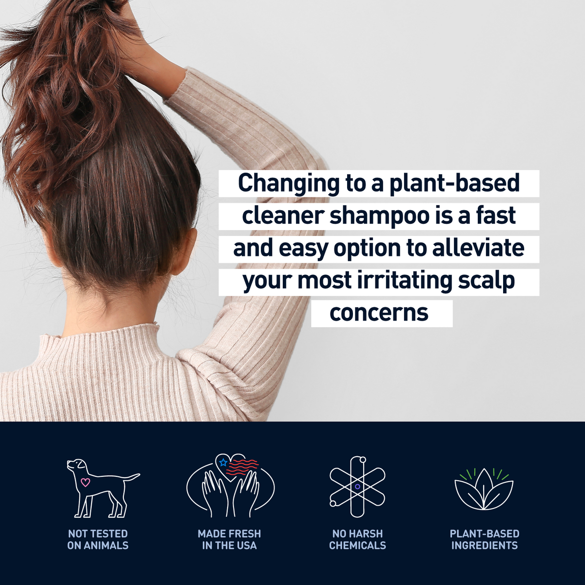 Person with hair tied back, text about plant-based shampoo, and brand icons on a white background.