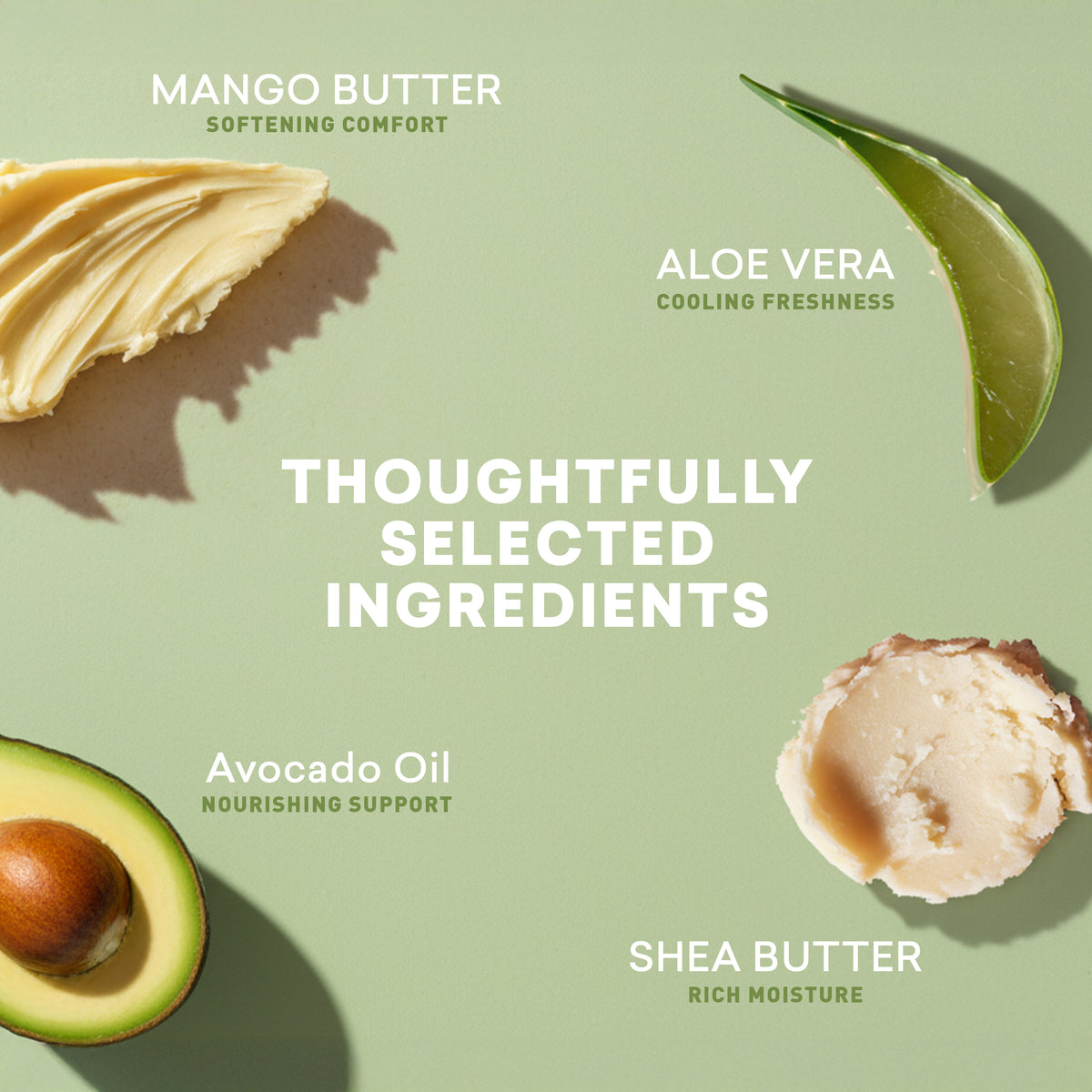 Ingredients used in a skincare product on a green background with text labels.