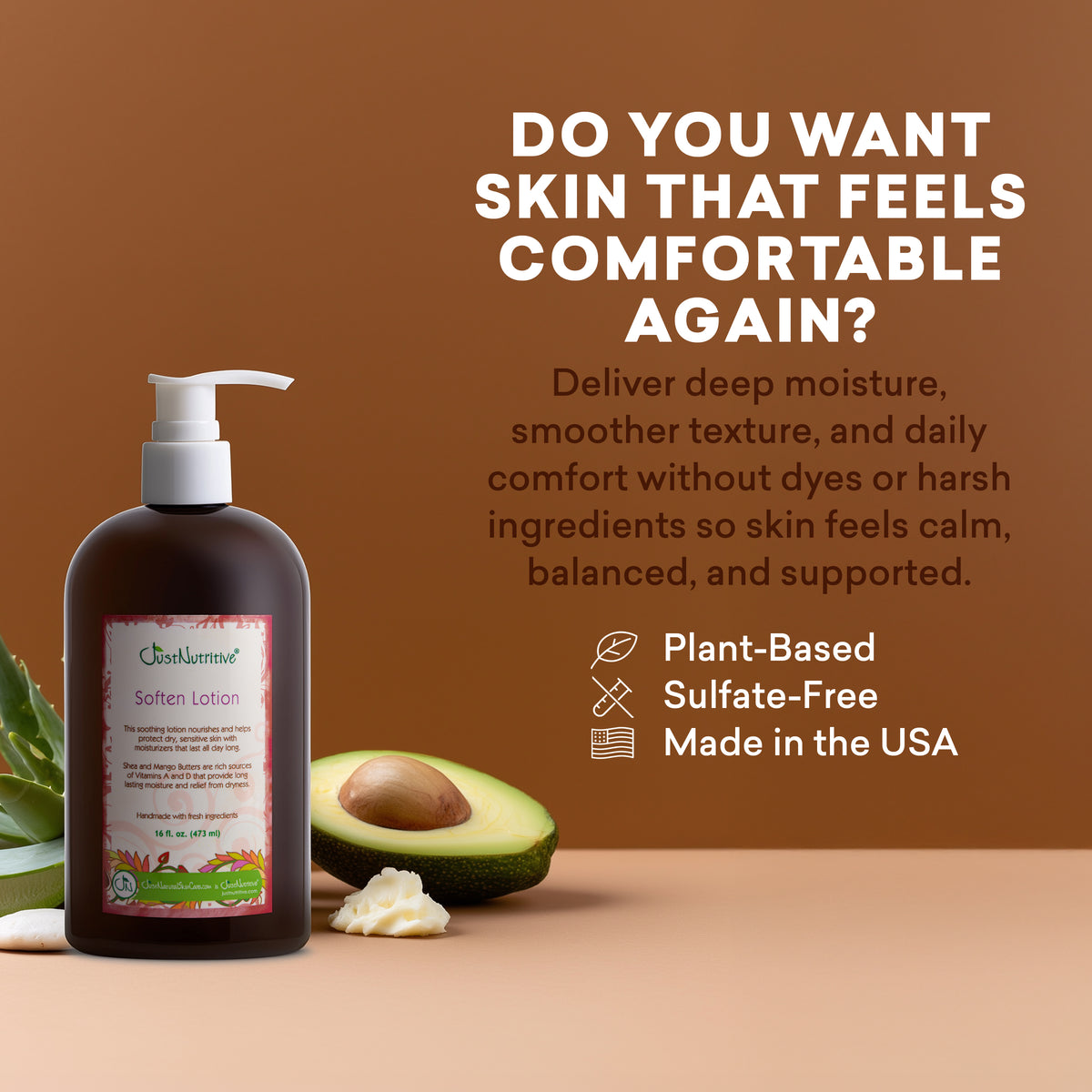 Lotion bottle with avocado and text on a brown background