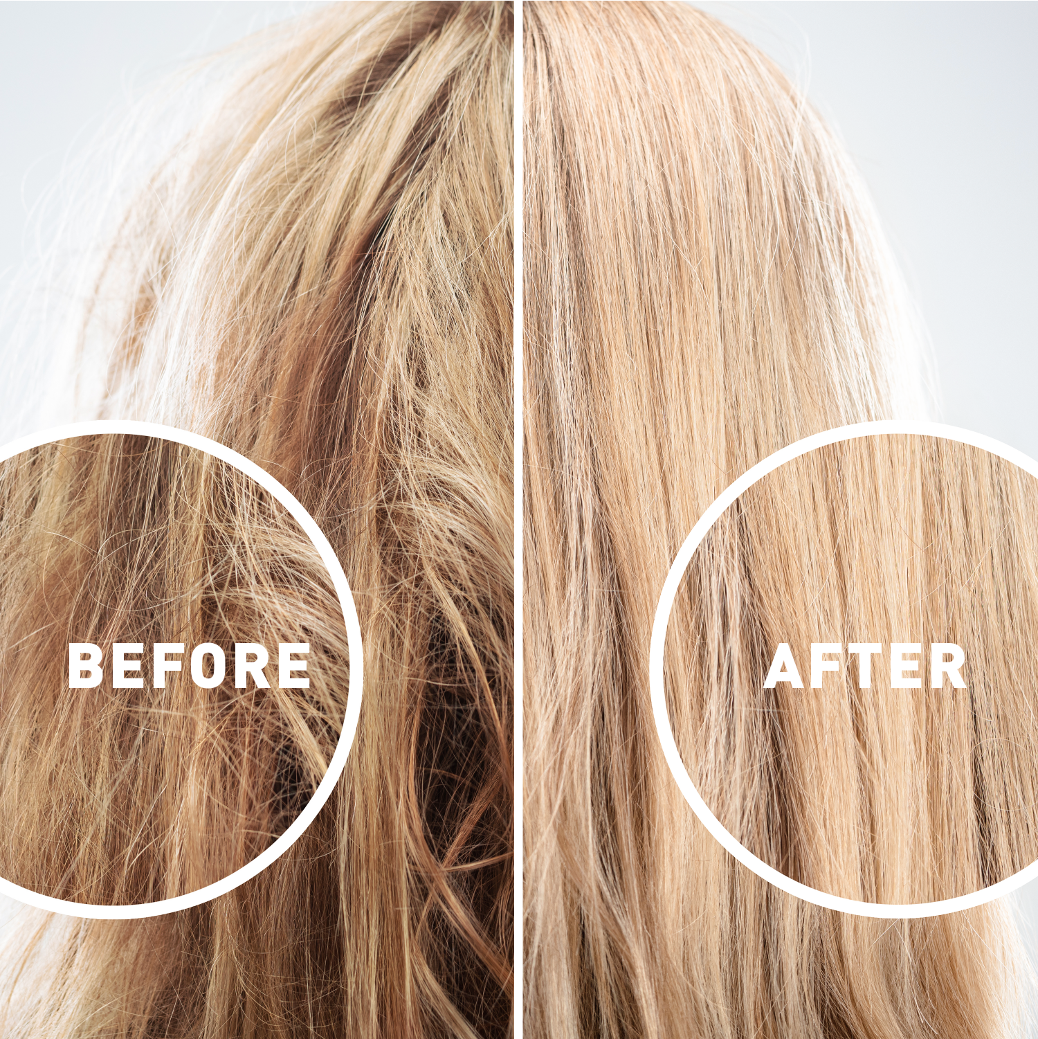 Before and after comparison of hair with 'Before' on left and 'After' on right.