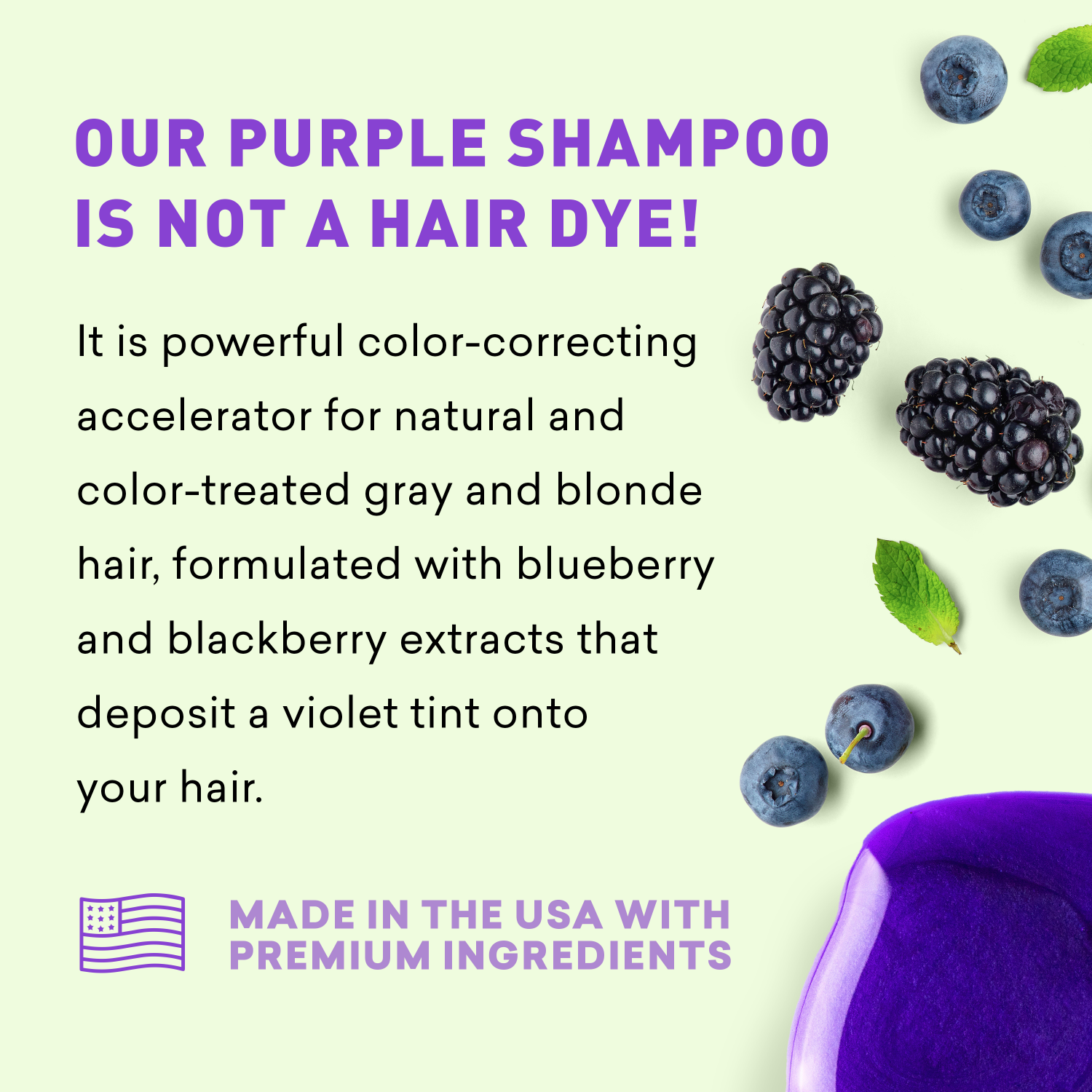 Purple shampoo bar with blueberries and blackberries on a light green background, featuring text about the product.