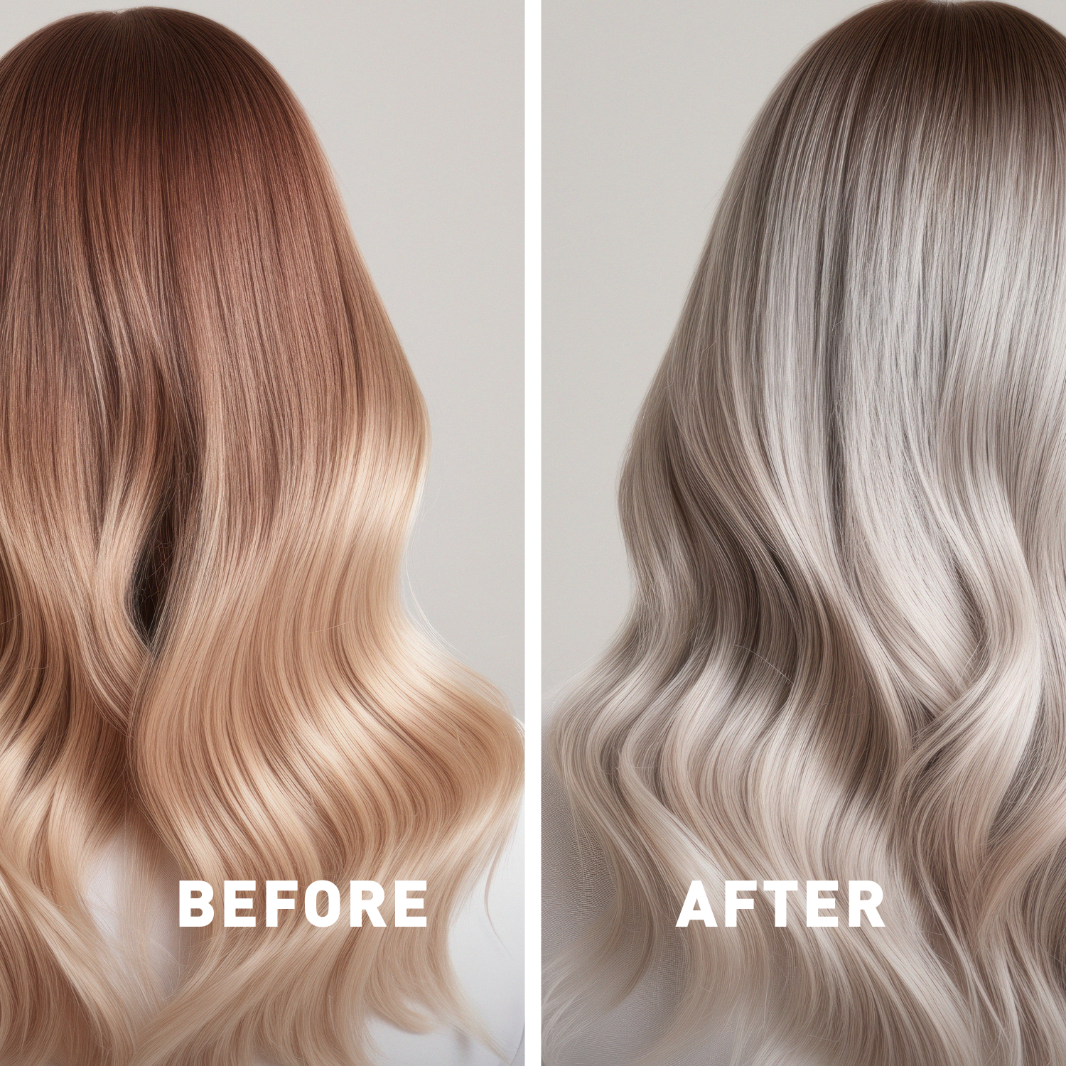Before and after hair color transformation with wavy hair on a neutral background