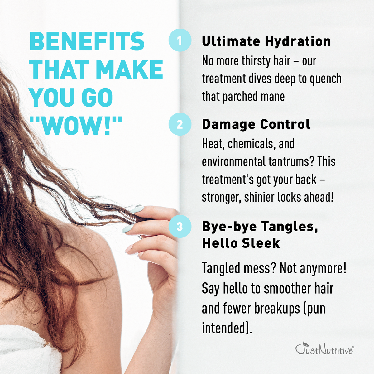 Advertisement for hair care treatment benefits with text and a person holding hair.
