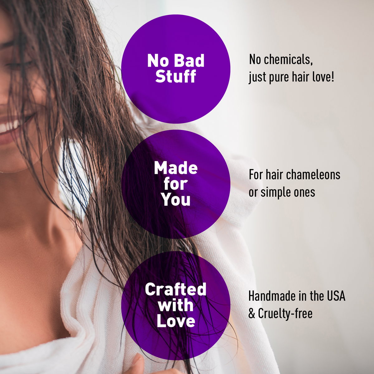 Woman with hair extensions and promotional text about product qualities on a white background