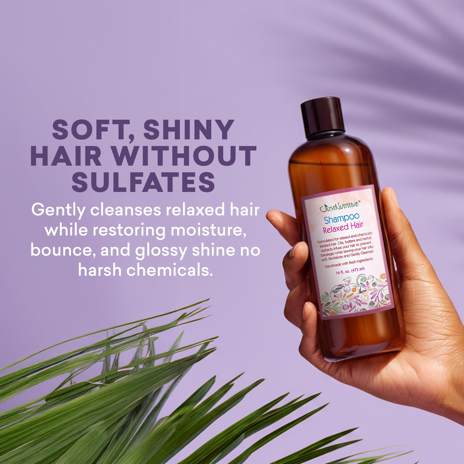 Hand holding a bottle of shampoo with text about sulfate-free hair care on a purple background