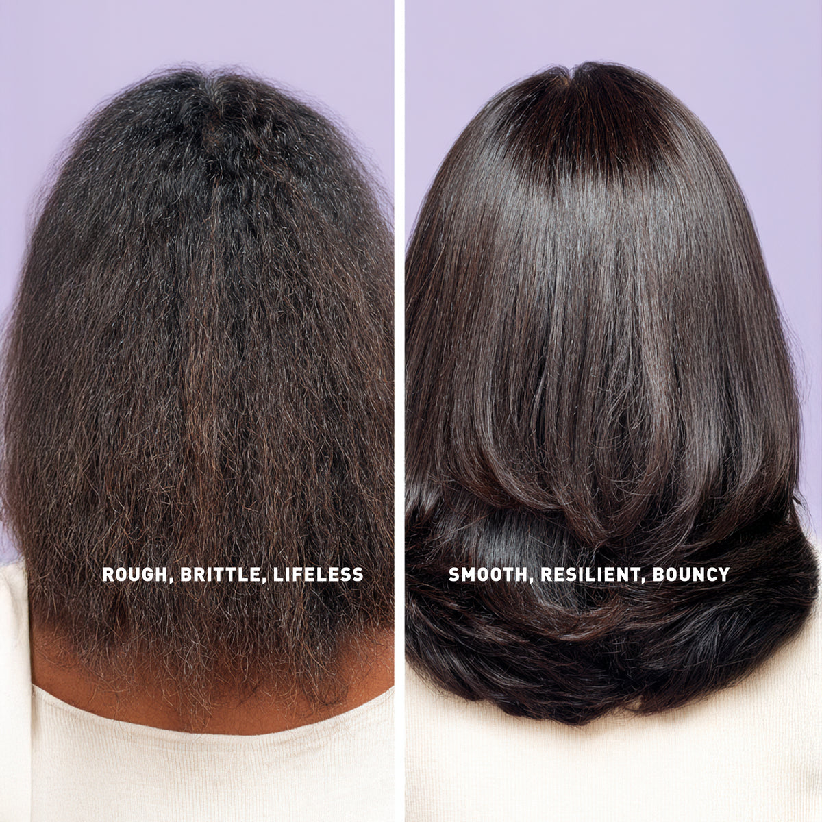 Before and after comparison of hair texture with 'Rough, Brittle, Lifeless' on the left and 'Smooth, Resilient, Bouncy' on the right.
