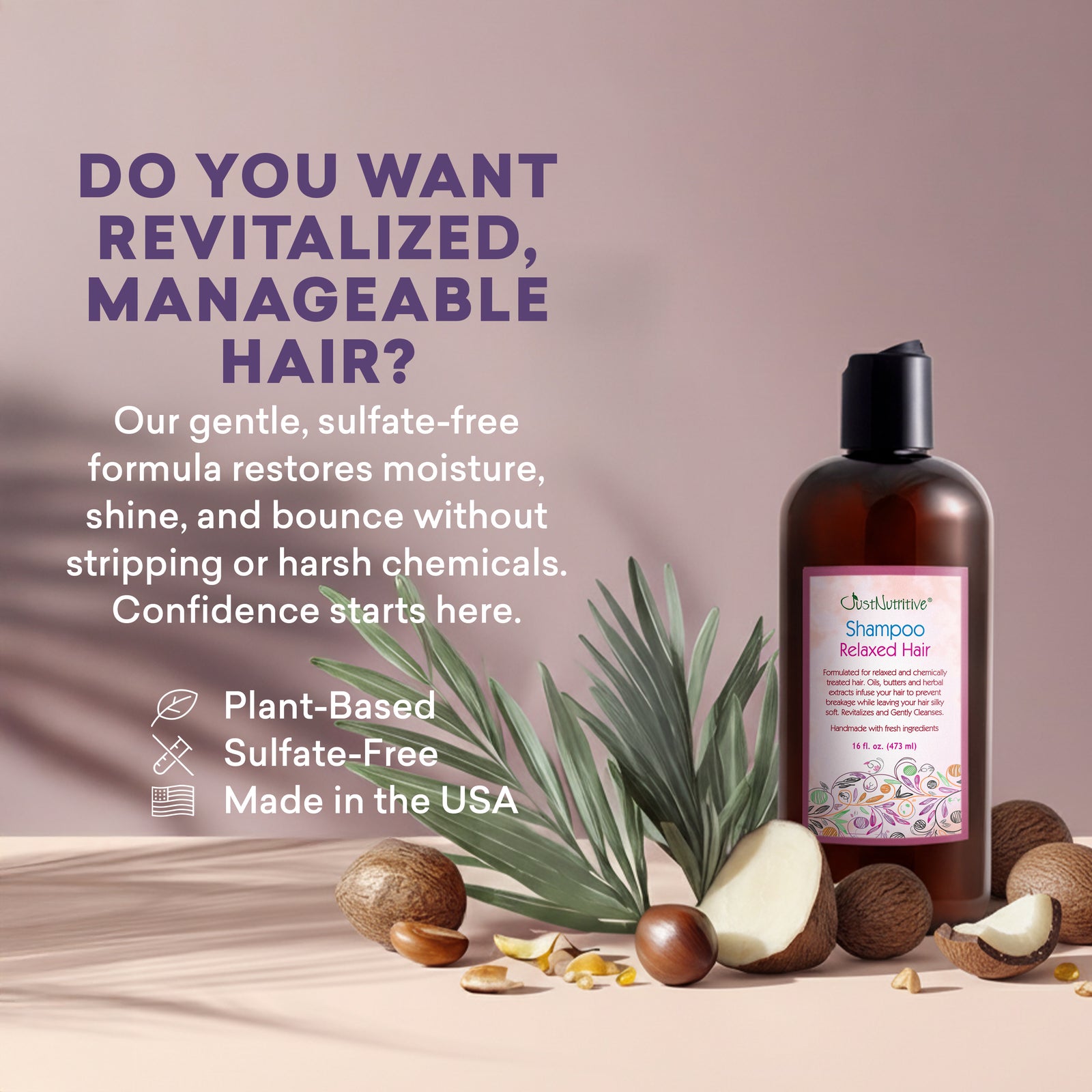 Shampoo bottle with plant-based ingredients and promotional text on a neutral background
