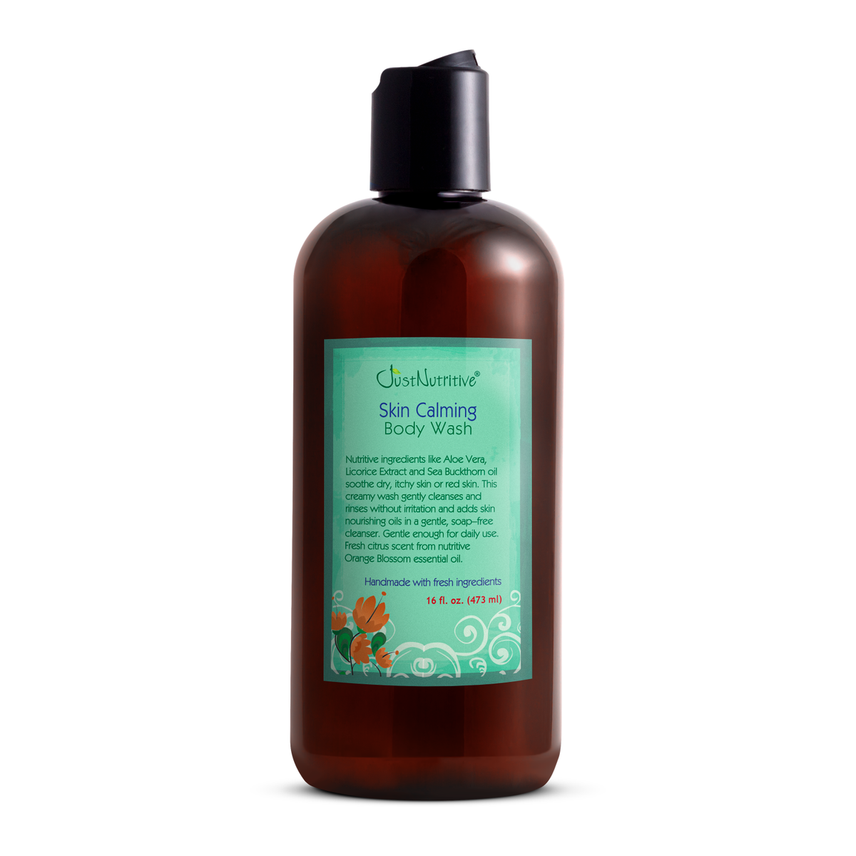 Brown bottle of Skin Calming Body Wash with a green label on a white background