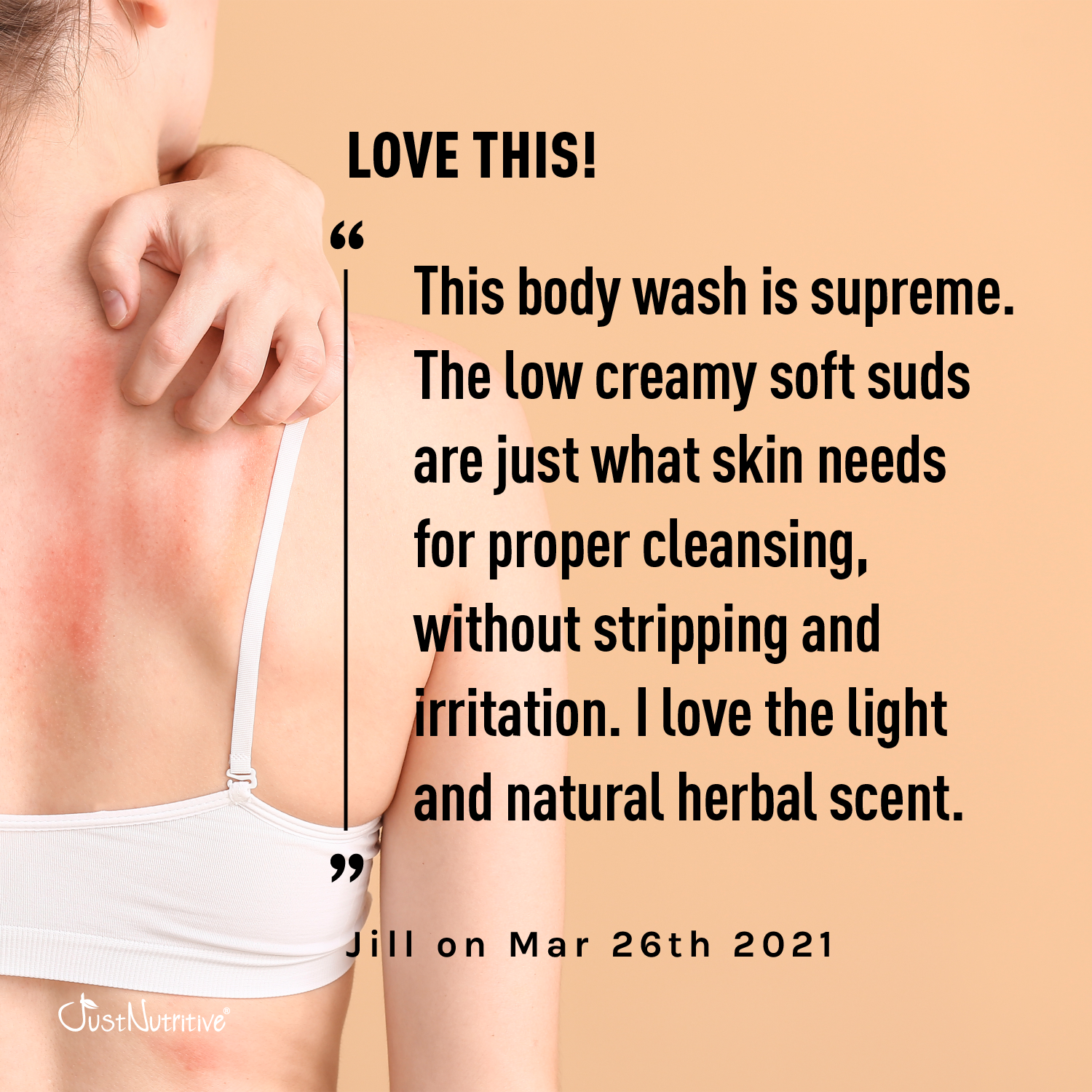 Person using body wash with a positive review text overlay on a beige background