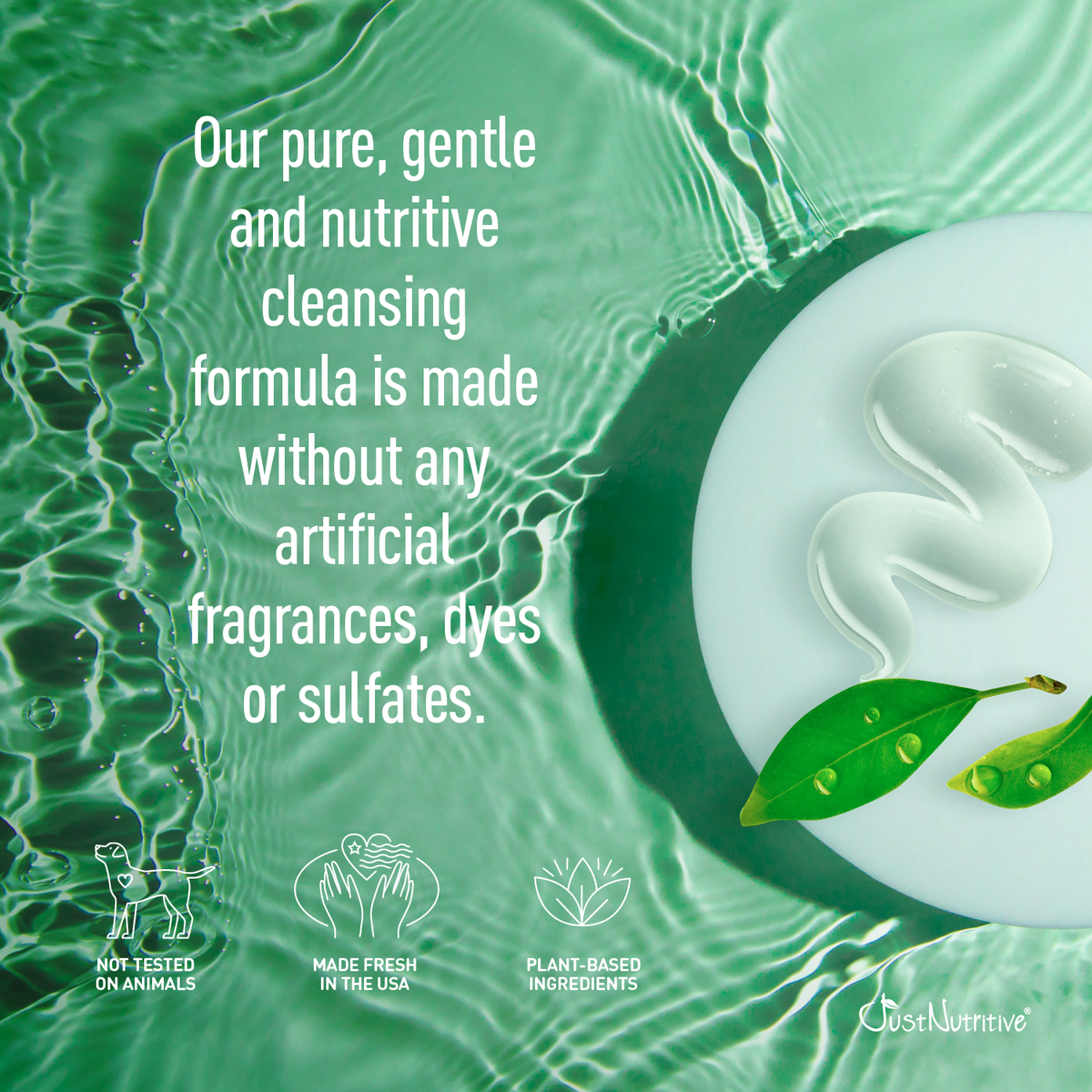 Cleansing product with green water background and text about natural ingredients
