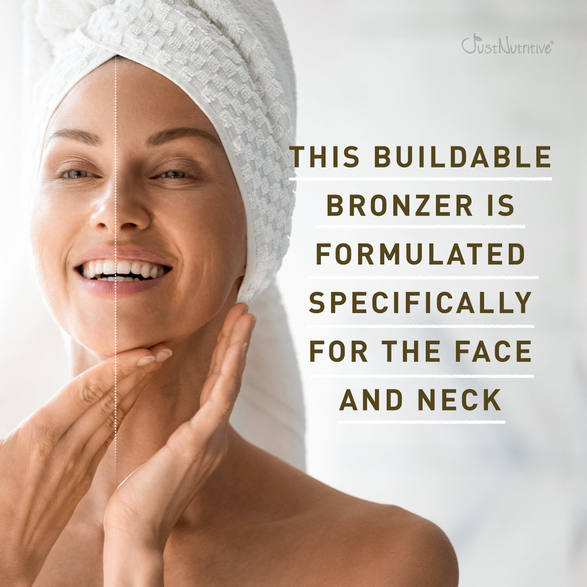 Woman applying bronzer to her face with text about a buildable bronzer for the face and neck.