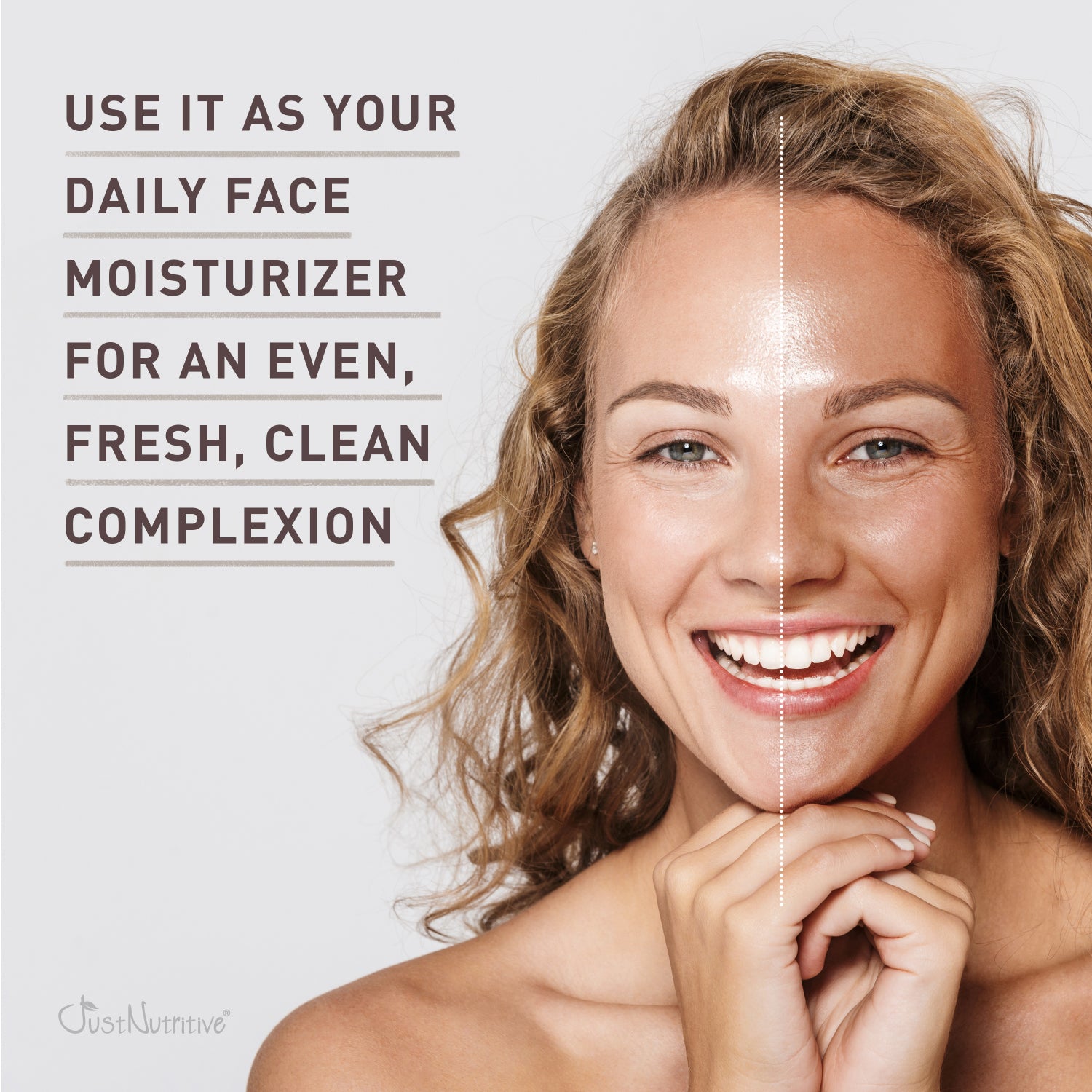 Woman with a split face showing moisturized and non-moisturized skin, with text about daily face moisturizer.