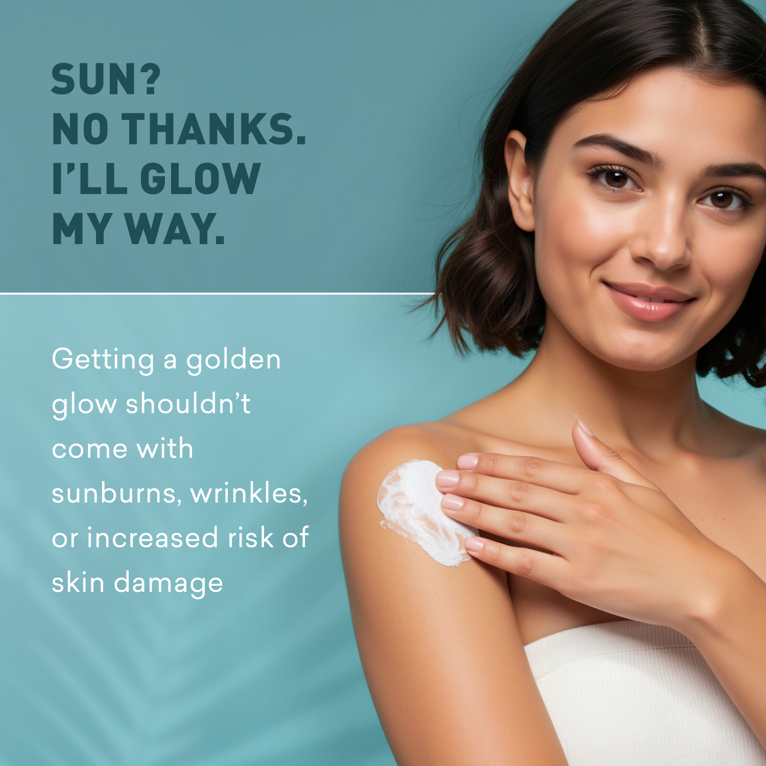 Woman applying sunscreen with text about avoiding sunburns and skin damage on a teal background