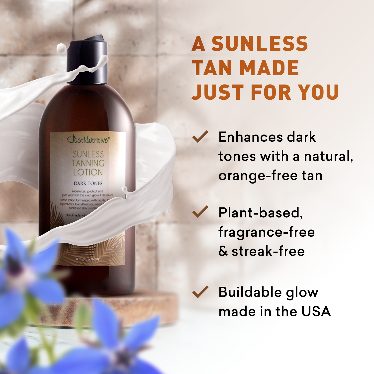 Sunless tanning lotion bottle with product features on a blurred background