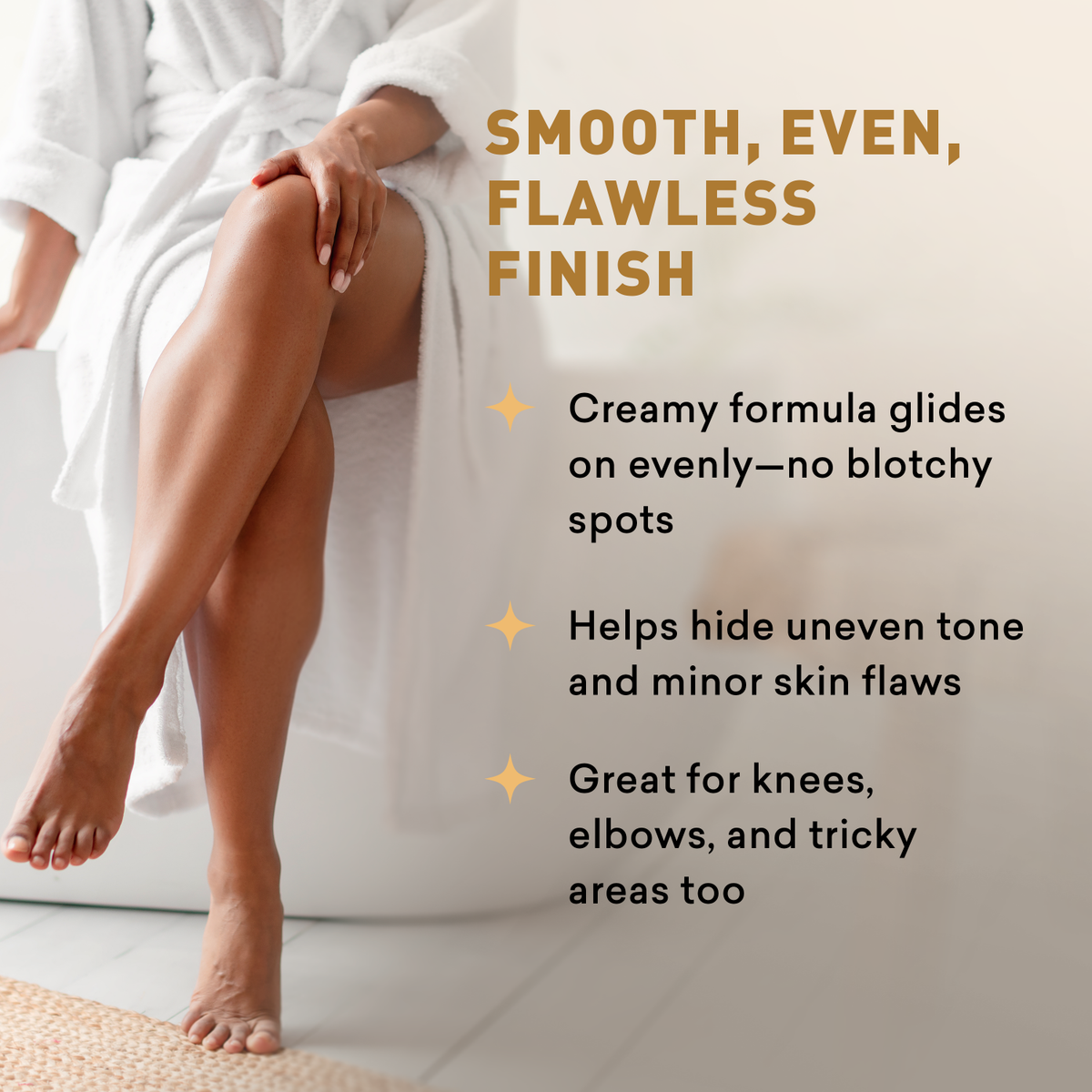 Person sitting on a couch with text about a skincare product's benefits