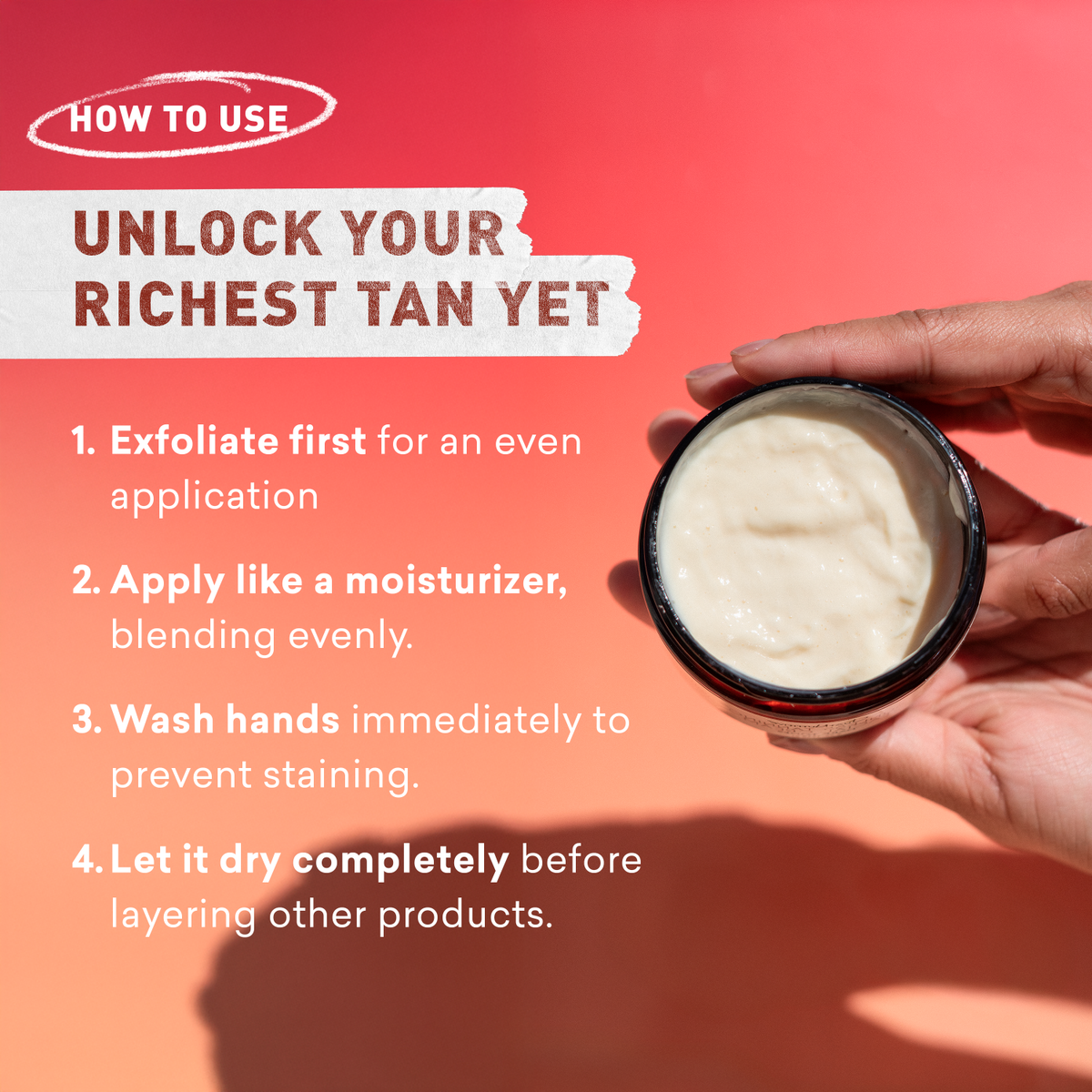 Hand holding a jar of cream with instructions on how to use it against a red background