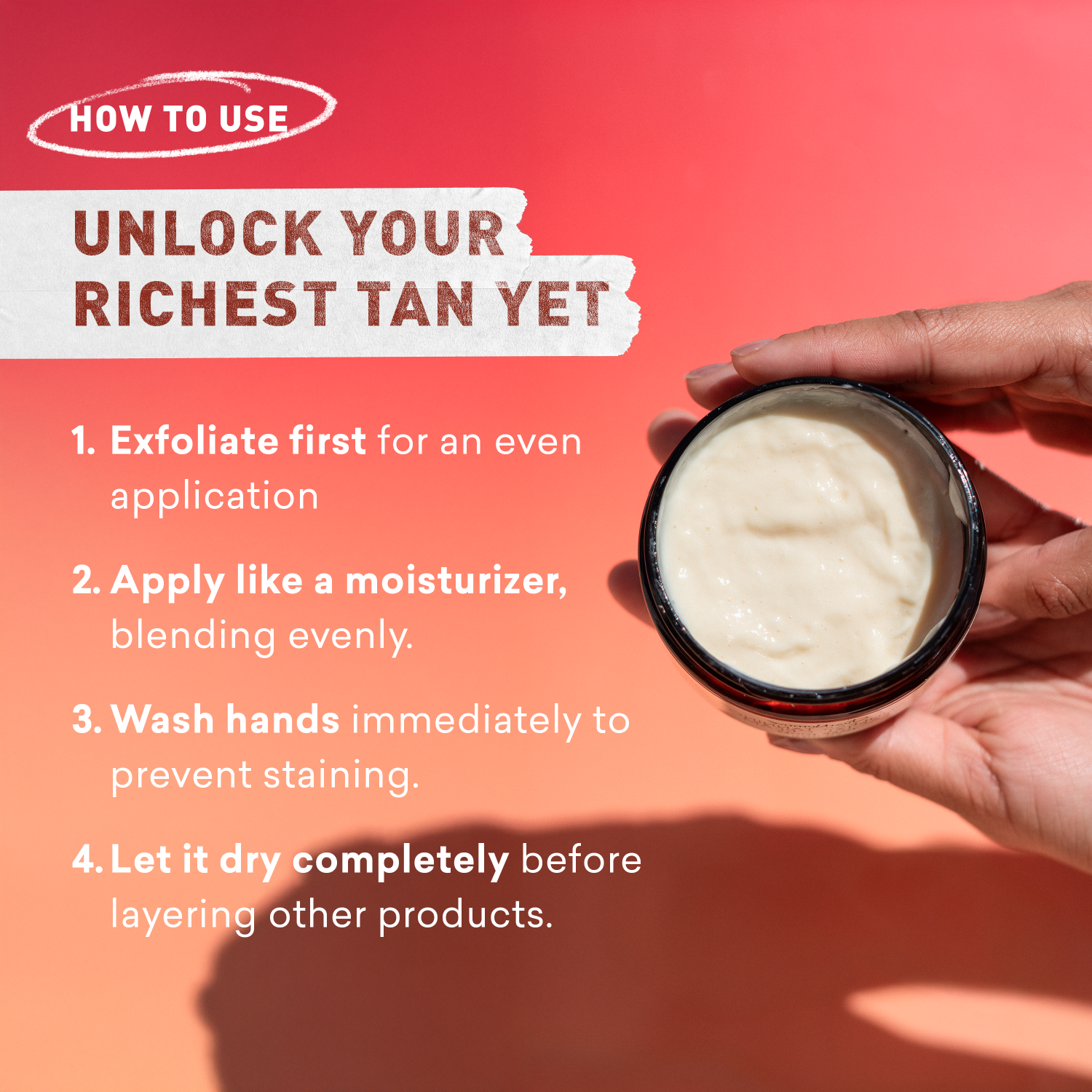 Hand holding a jar of cream with instructions on how to use it against a red background
