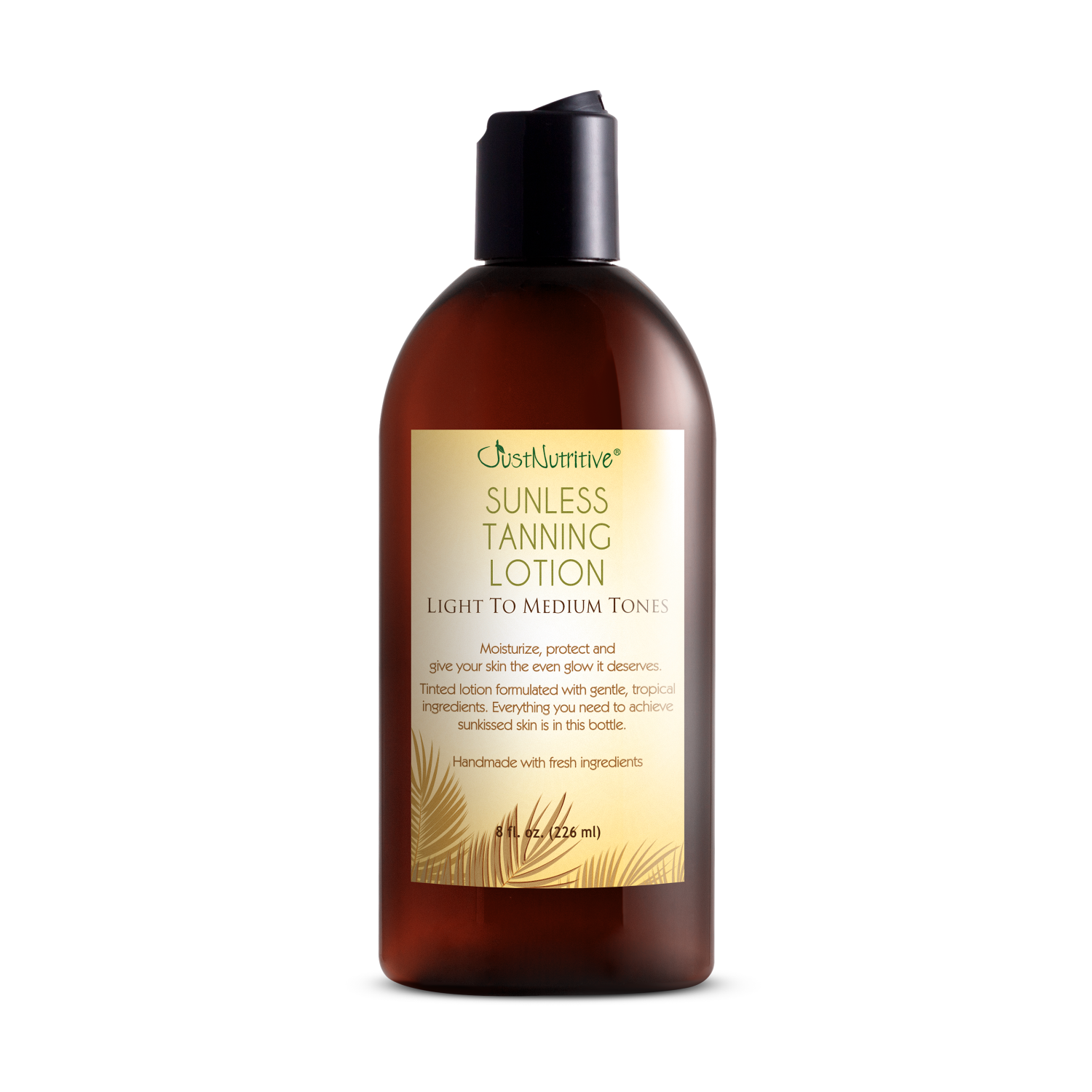 Brown bottle of sunless tanning lotion with a gold label on a white background