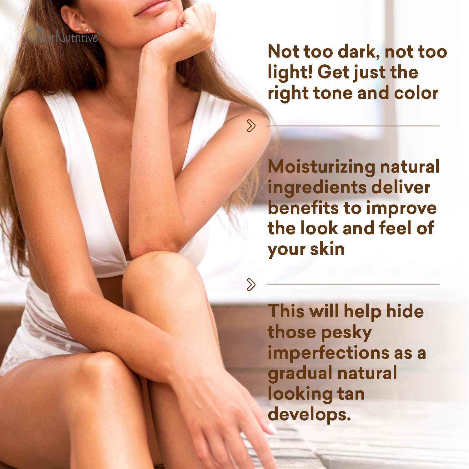 Woman sitting on a windowsill with text about skin care and moisturizing ingredients.