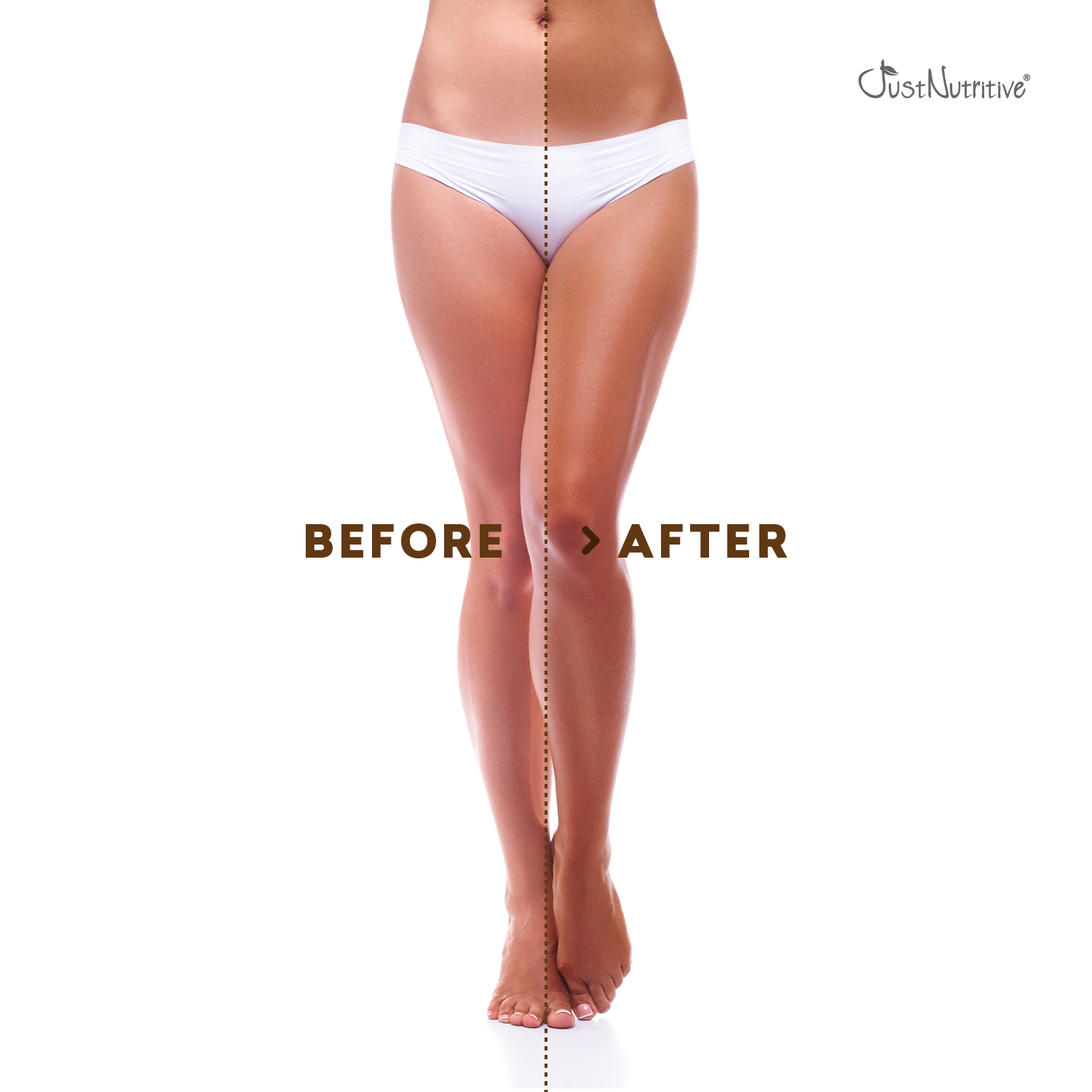 Before and after comparison of a person's legs with 'Just Nutritive' branding.