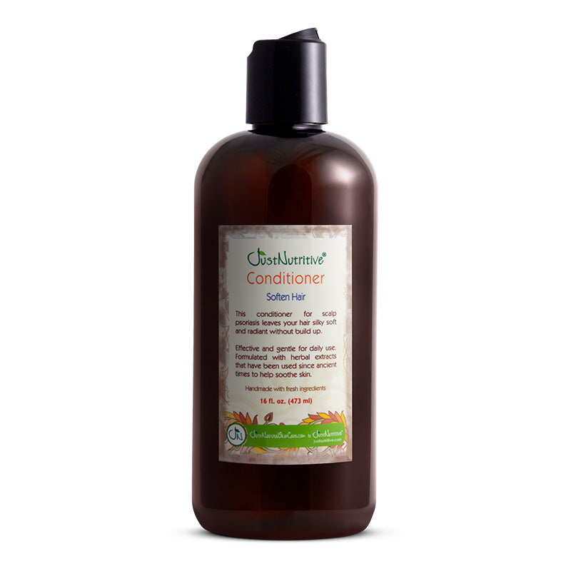Brown bottle of conditioner with a label on a white background