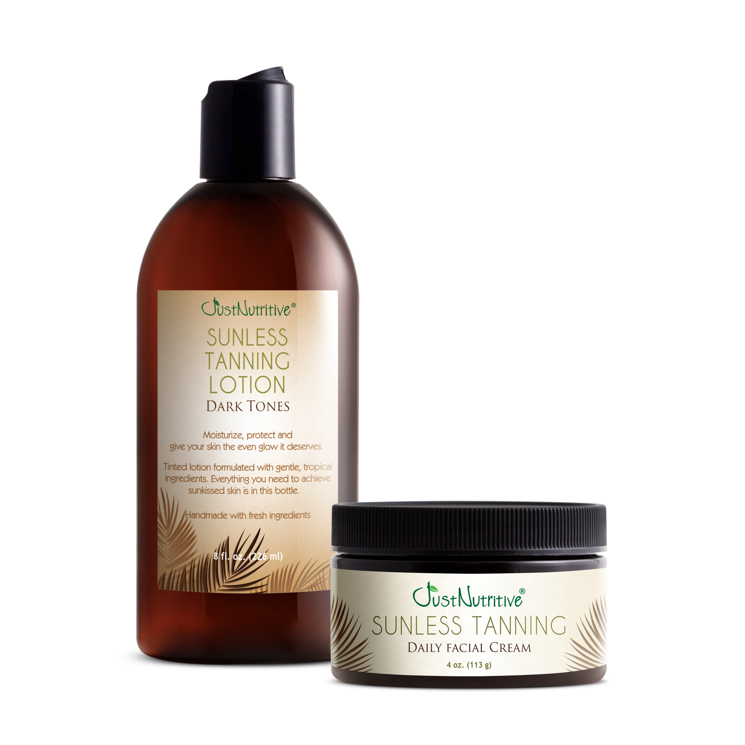 Sunless tanning lotion and cream from Just Nutritive on a white background
