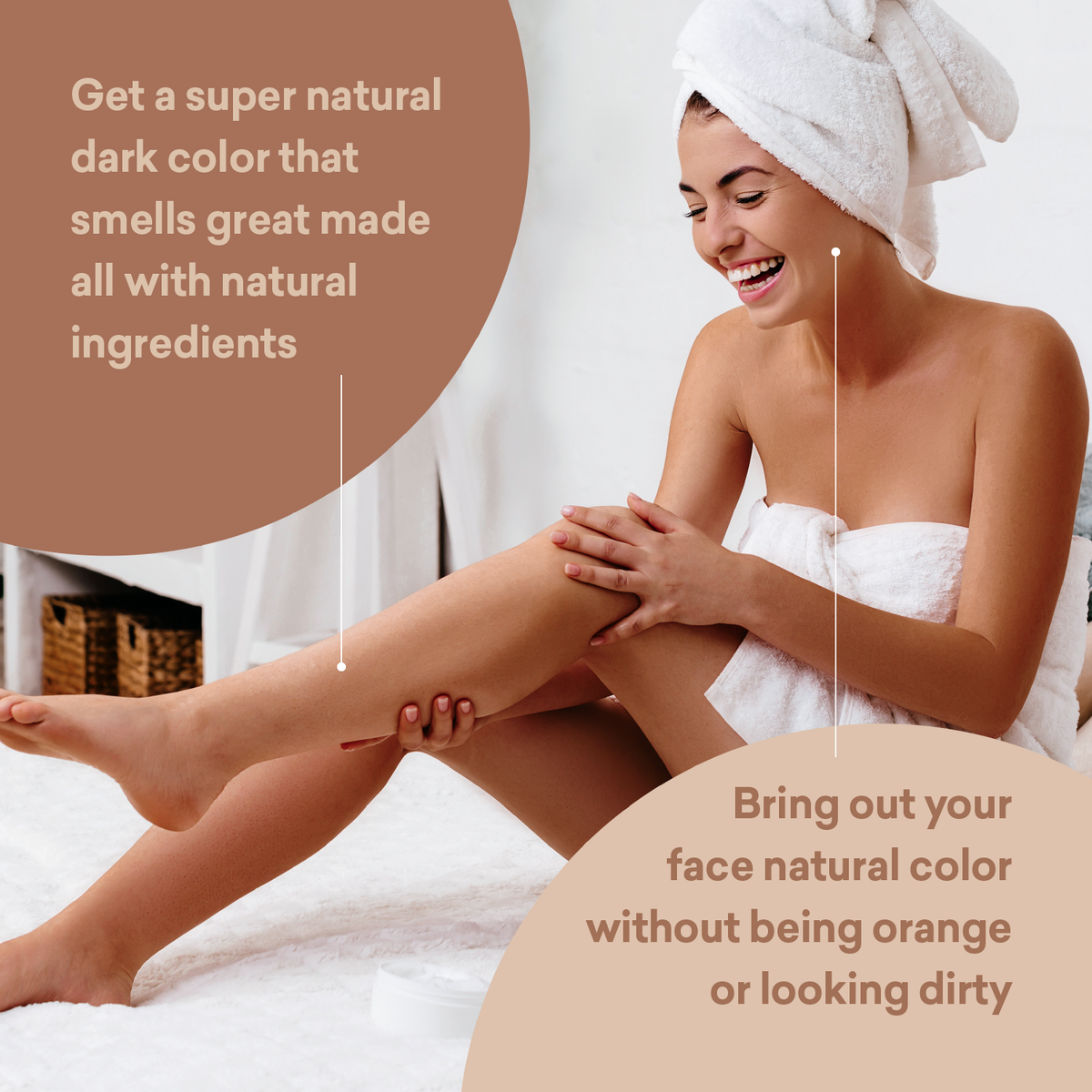 Woman with towel on head sitting on bed, showing smooth skin and hair removal, with text about natural ingredients and color.