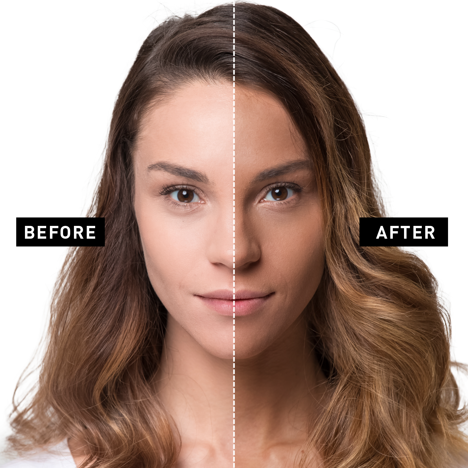 Before and after comparison of a woman's face with a white line dividing the two sides.