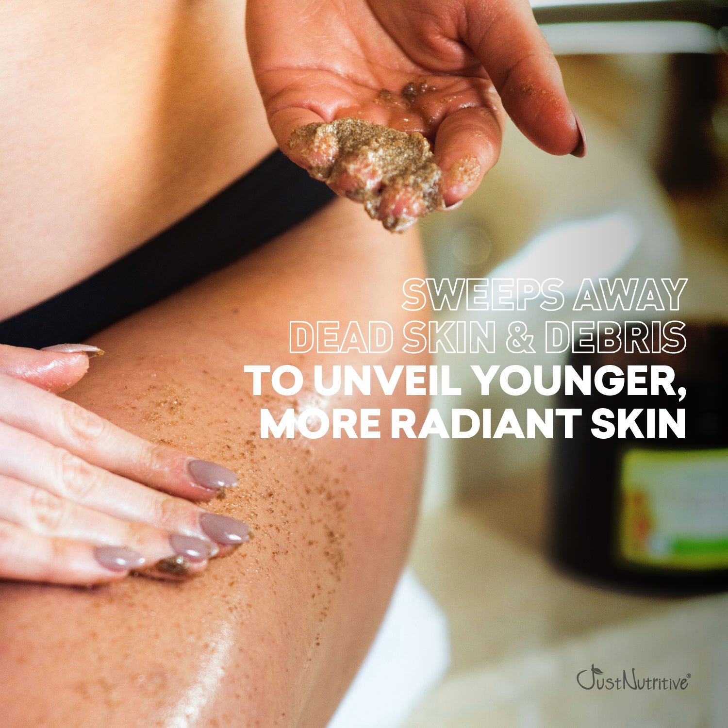 Person applying a exfoliating product to their skin with text about skin benefits.