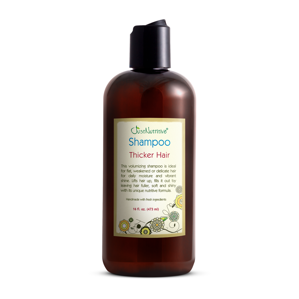 Bottle of shampoo with a label on a white background