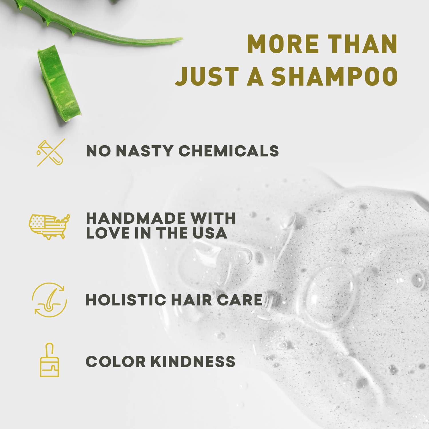 Advertisement for a shampoo with text about its benefits on a white background.