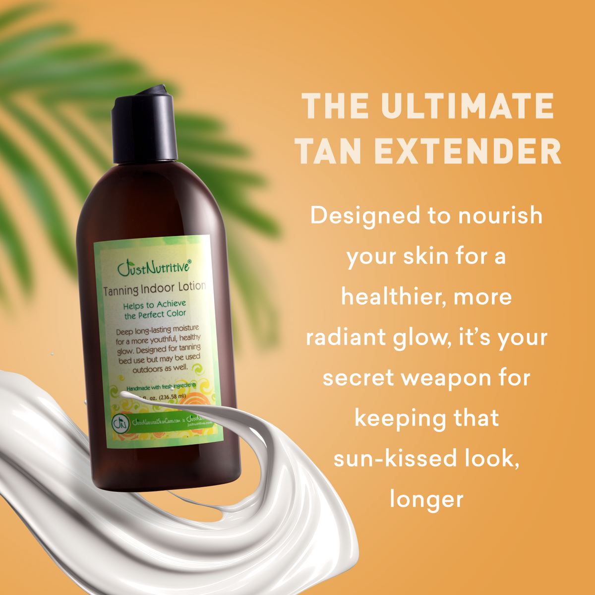 Bottle of tanning indoor lotion with text on an orange background